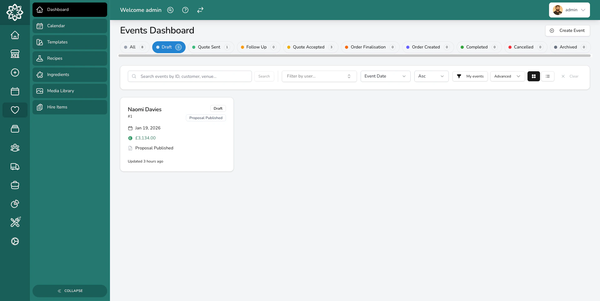 Events dashboard with card view showing upcoming events