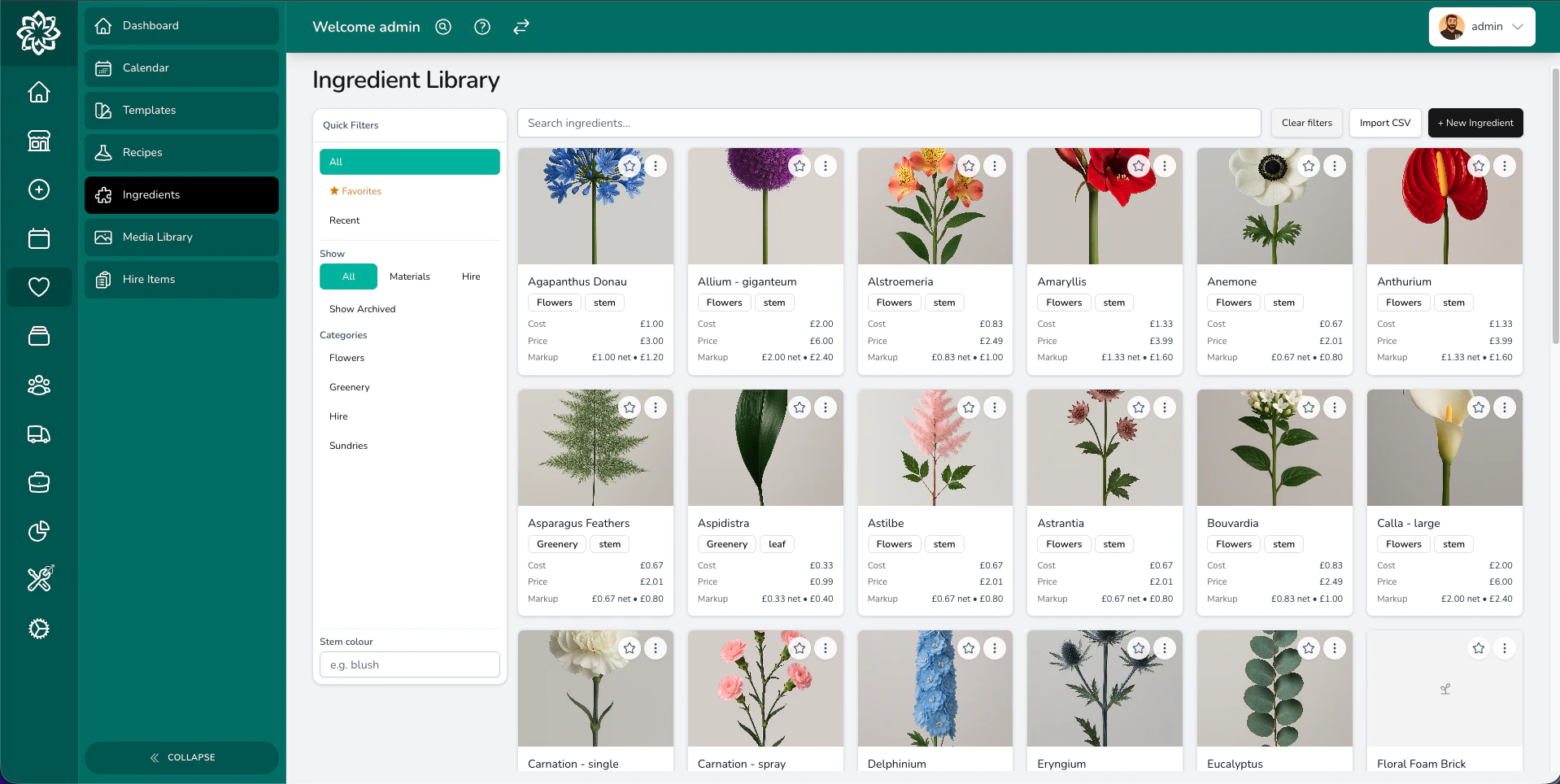 Ingredients view showing items, costs, and categories