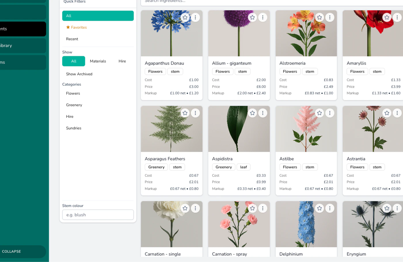 Ingredient items with names, costs, and unit details