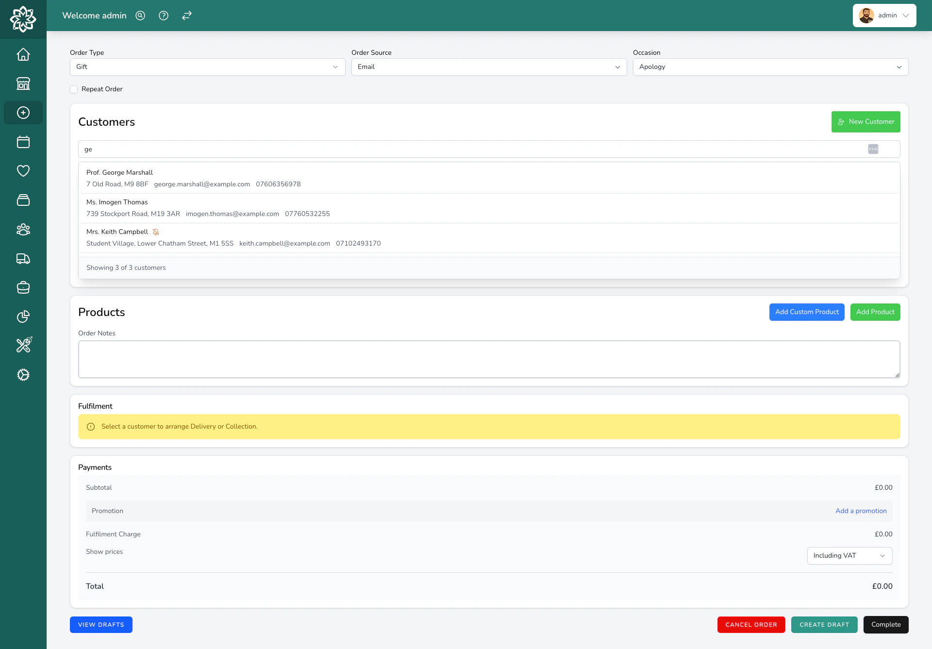 Customer search and selection screen