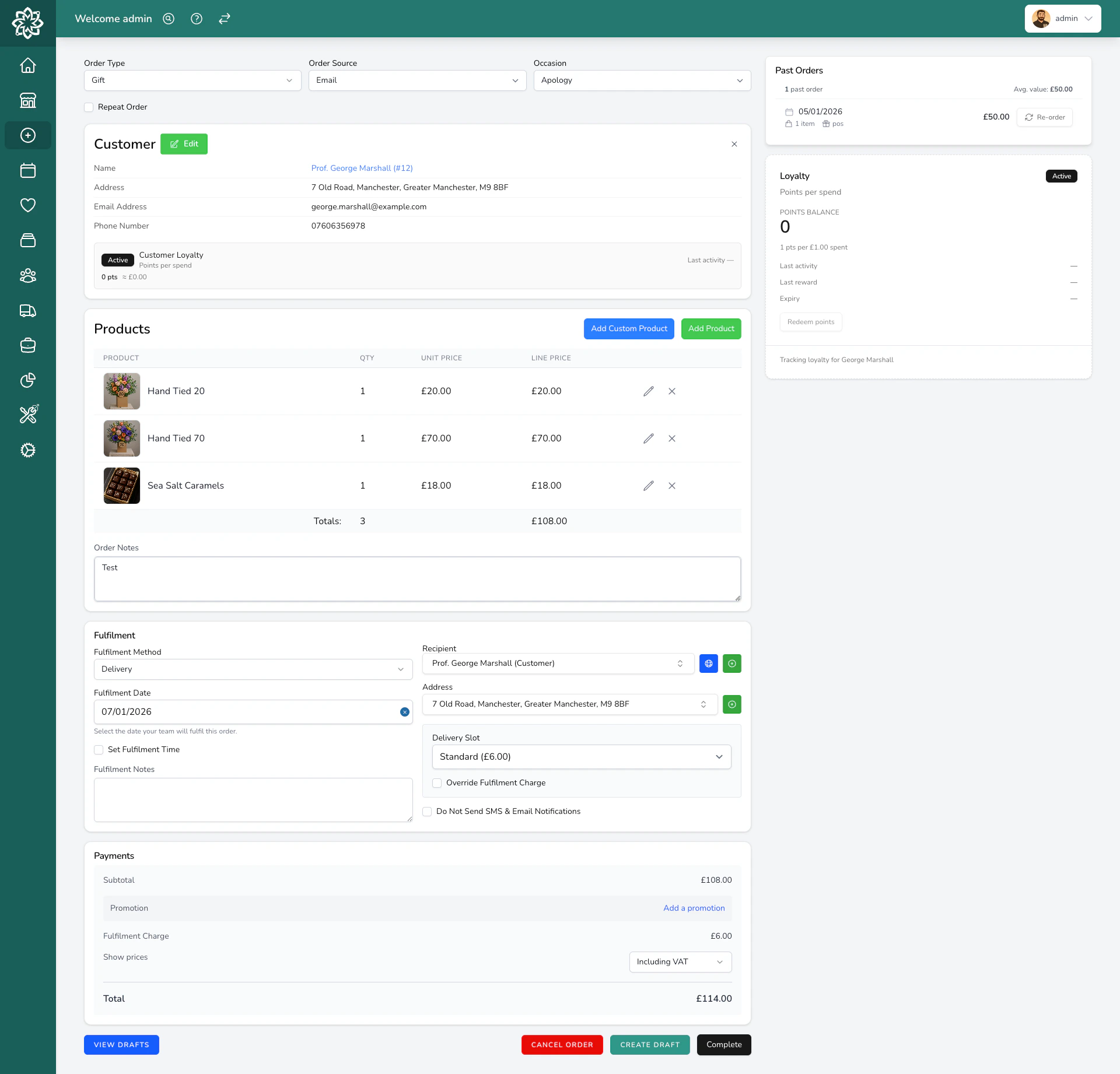 Order form with products added showing prices