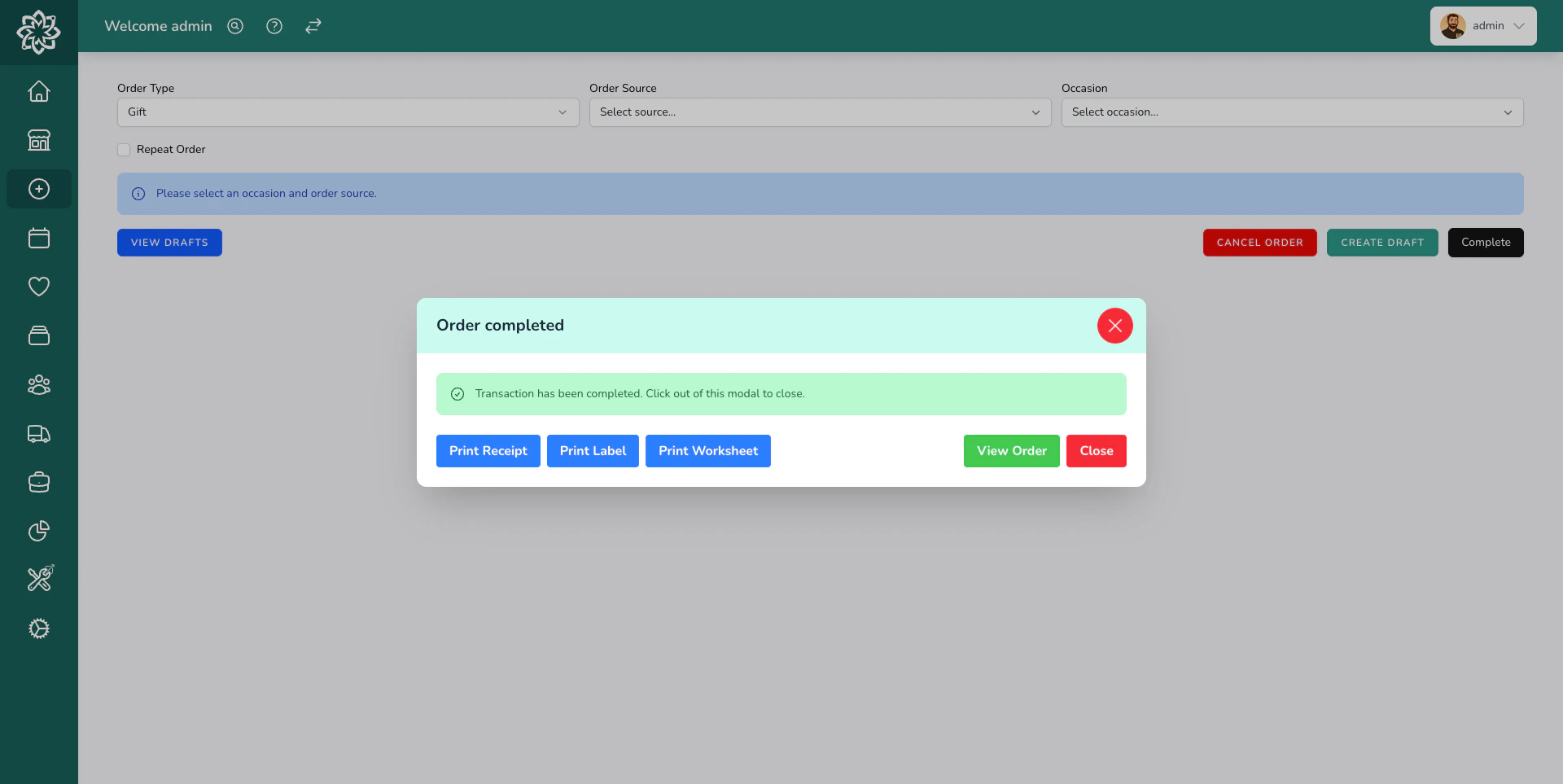 Success confirmation after creating an order