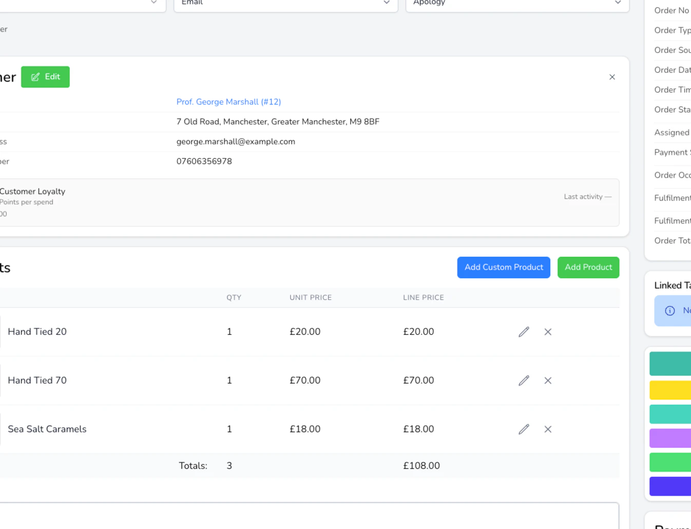 Order edit view showing pricing and status