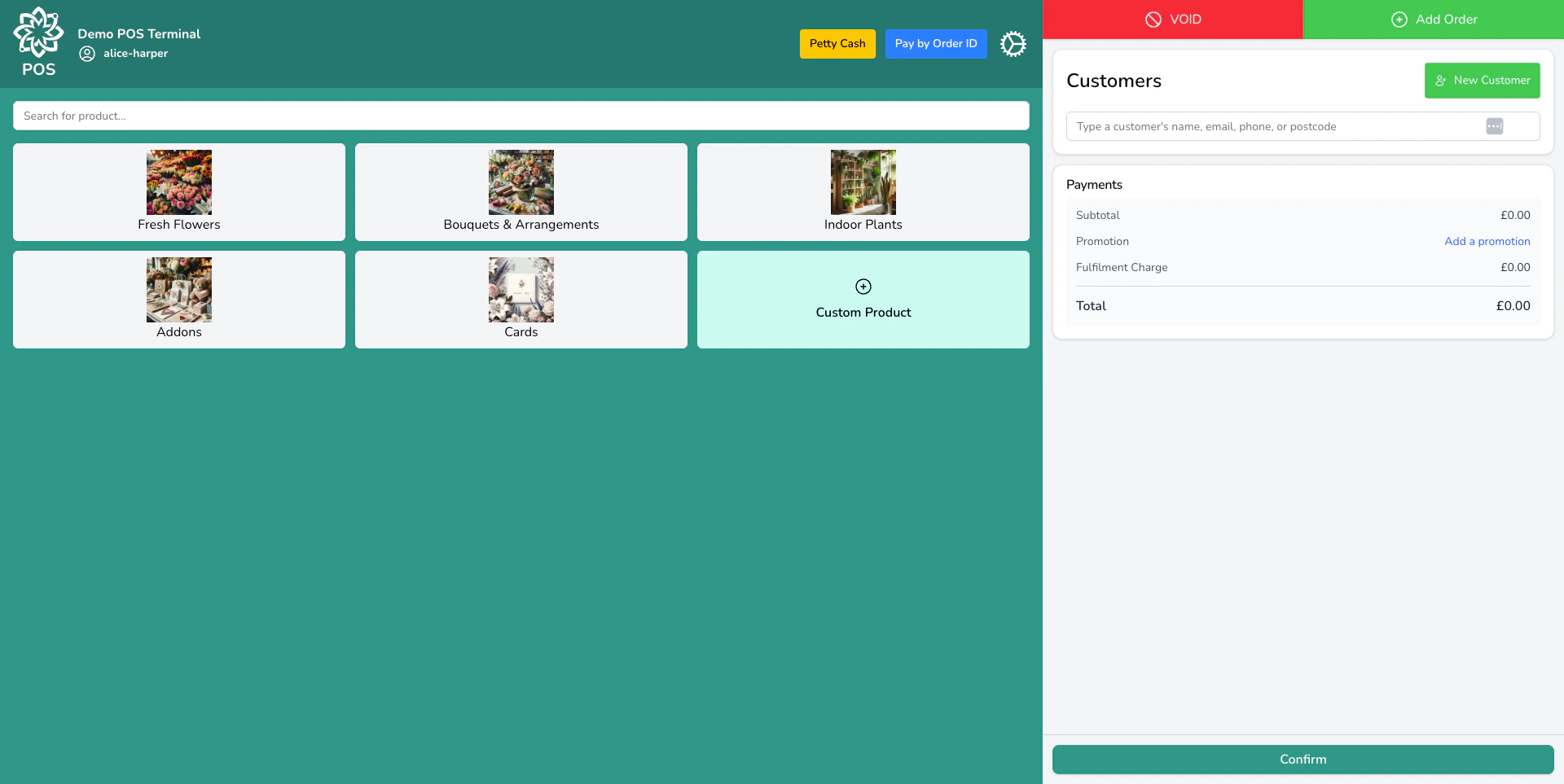 Point of Sale showing product categories and quick-access buttons