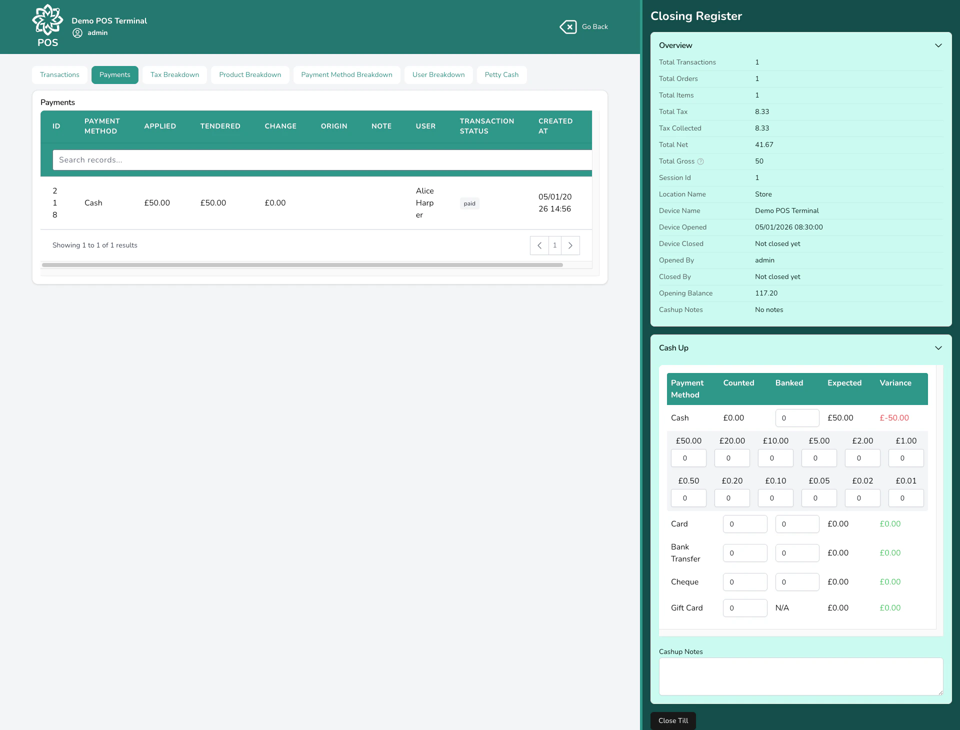 End of day cash-up screen with session summary and payment breakdown