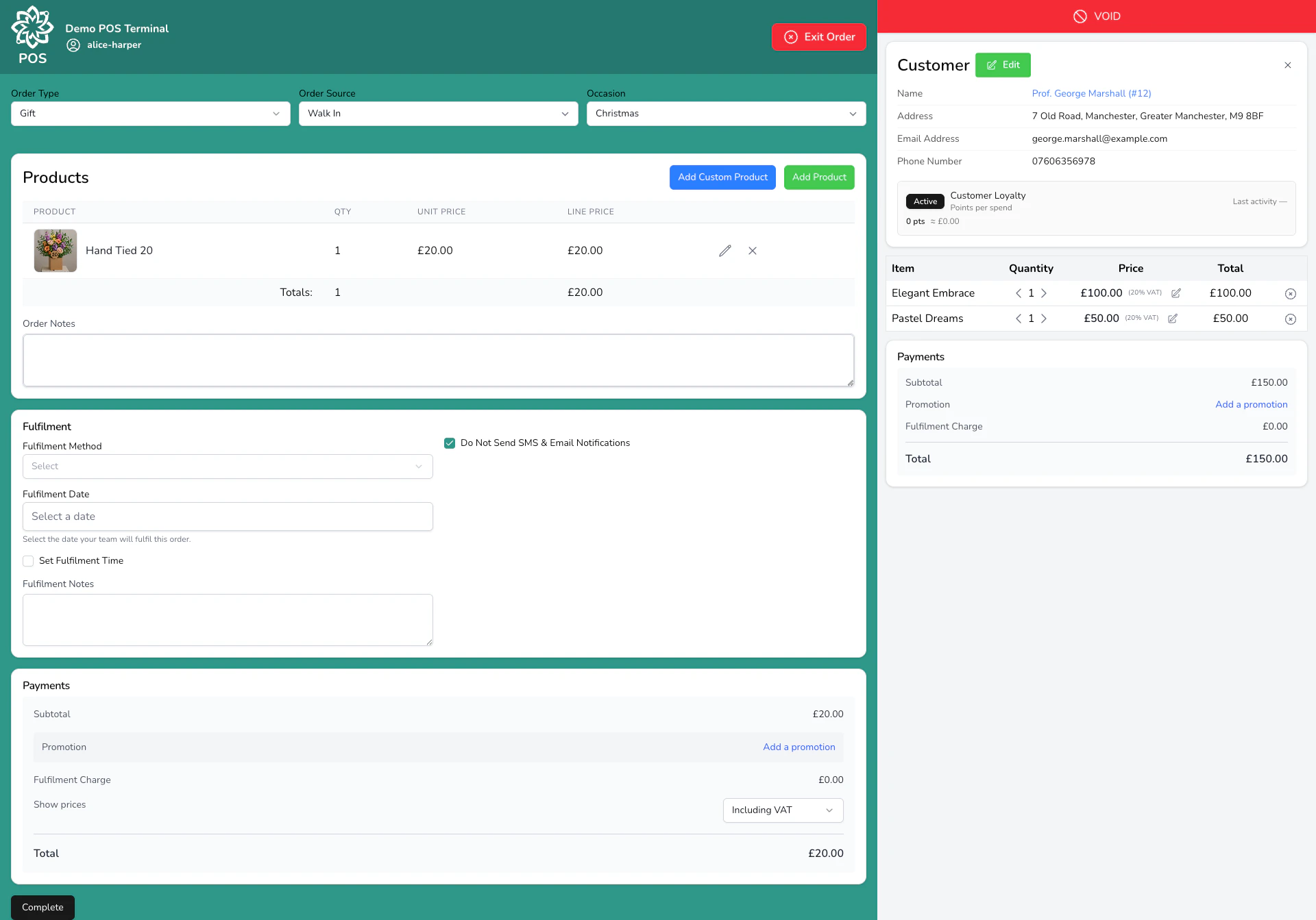 POS order details showing items, payment method, and totals