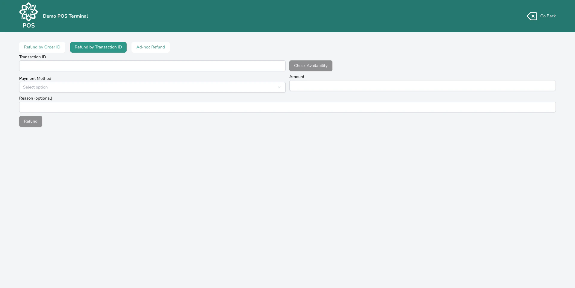 Refund by transaction ID lookup screen