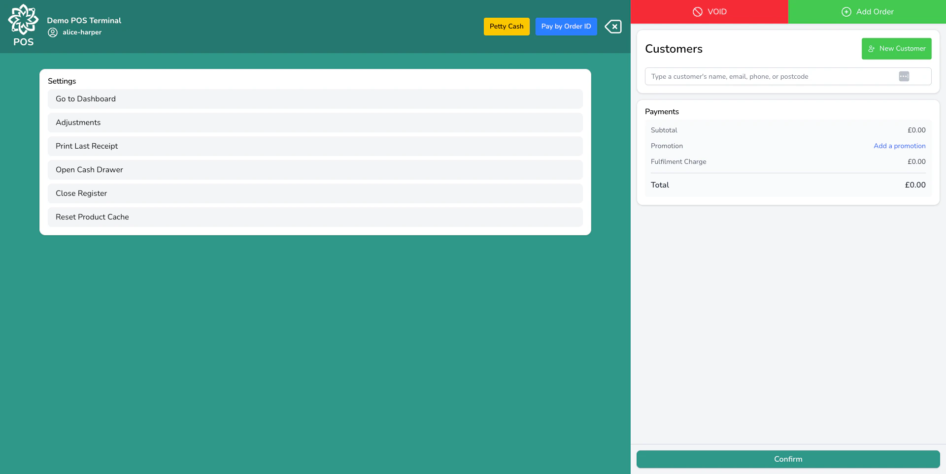 POS settings menu with printer and display options