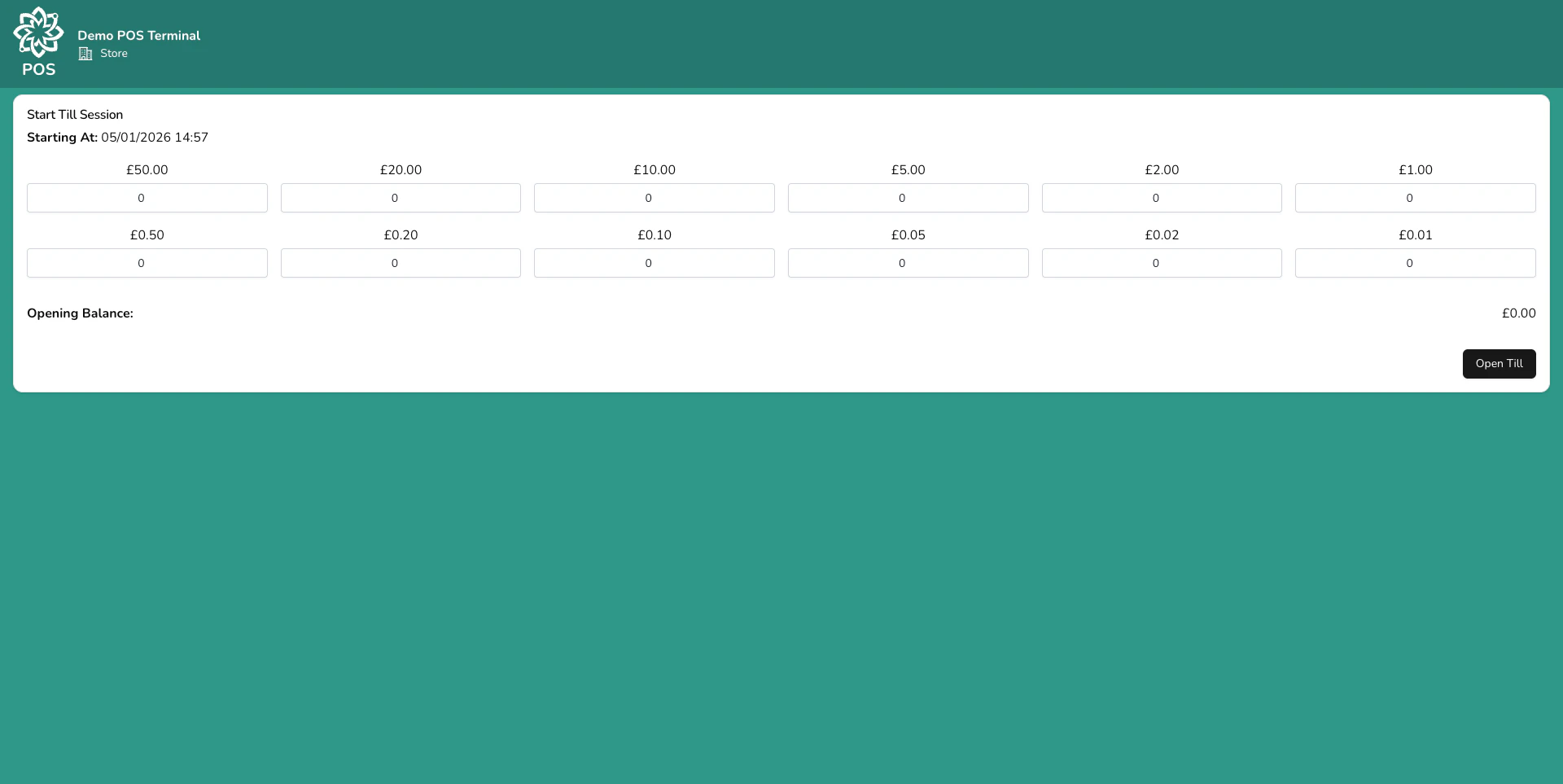 Start till session screen with denomination entry