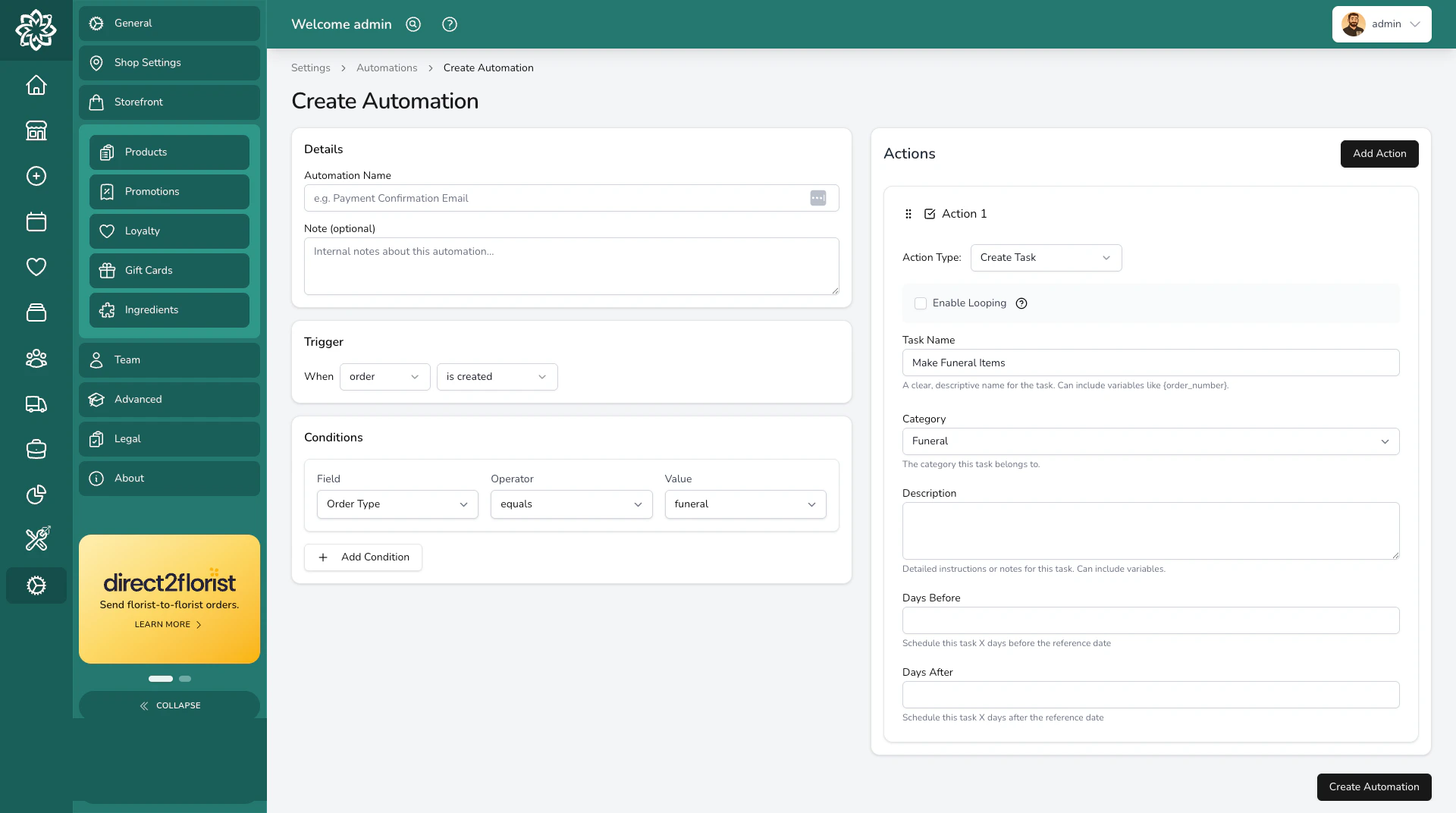 Automations builder showing trigger, conditions, and actions
