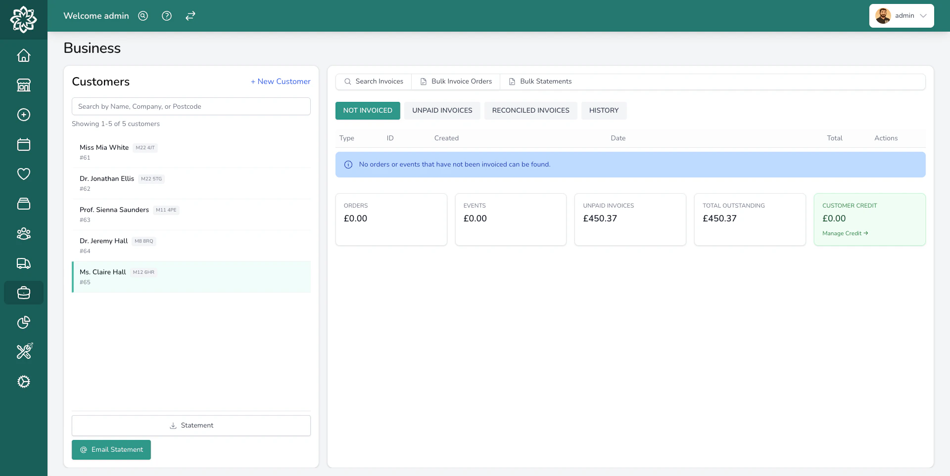 Business contact settings with name, address, and phone