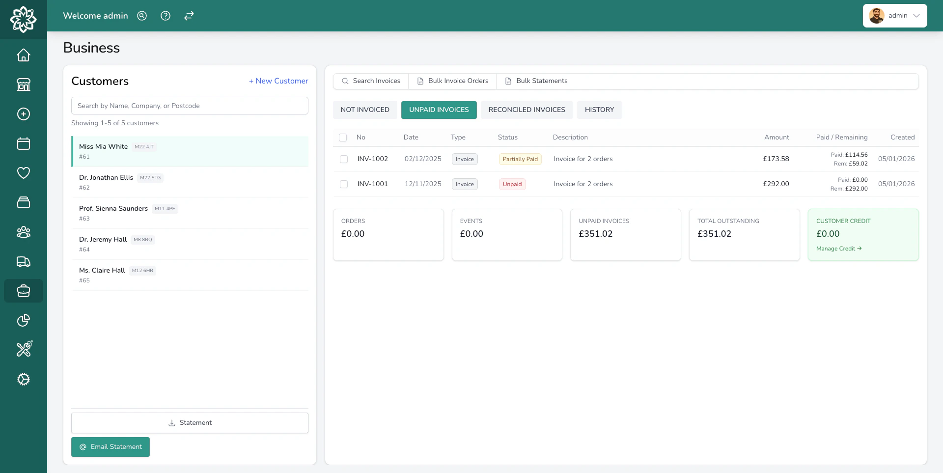 Business settings showing company name and contact details