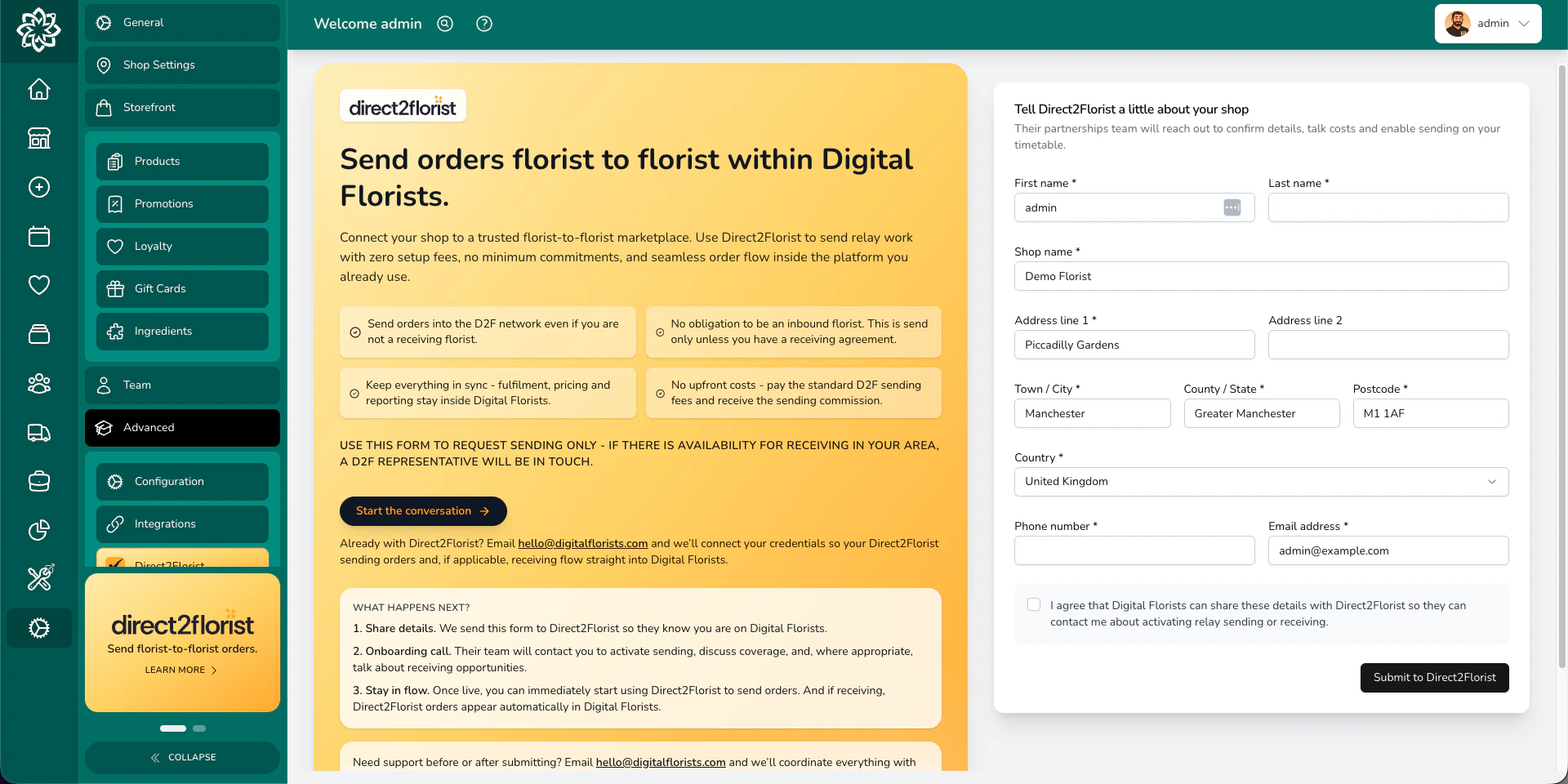 Direct2Florist integration configuration