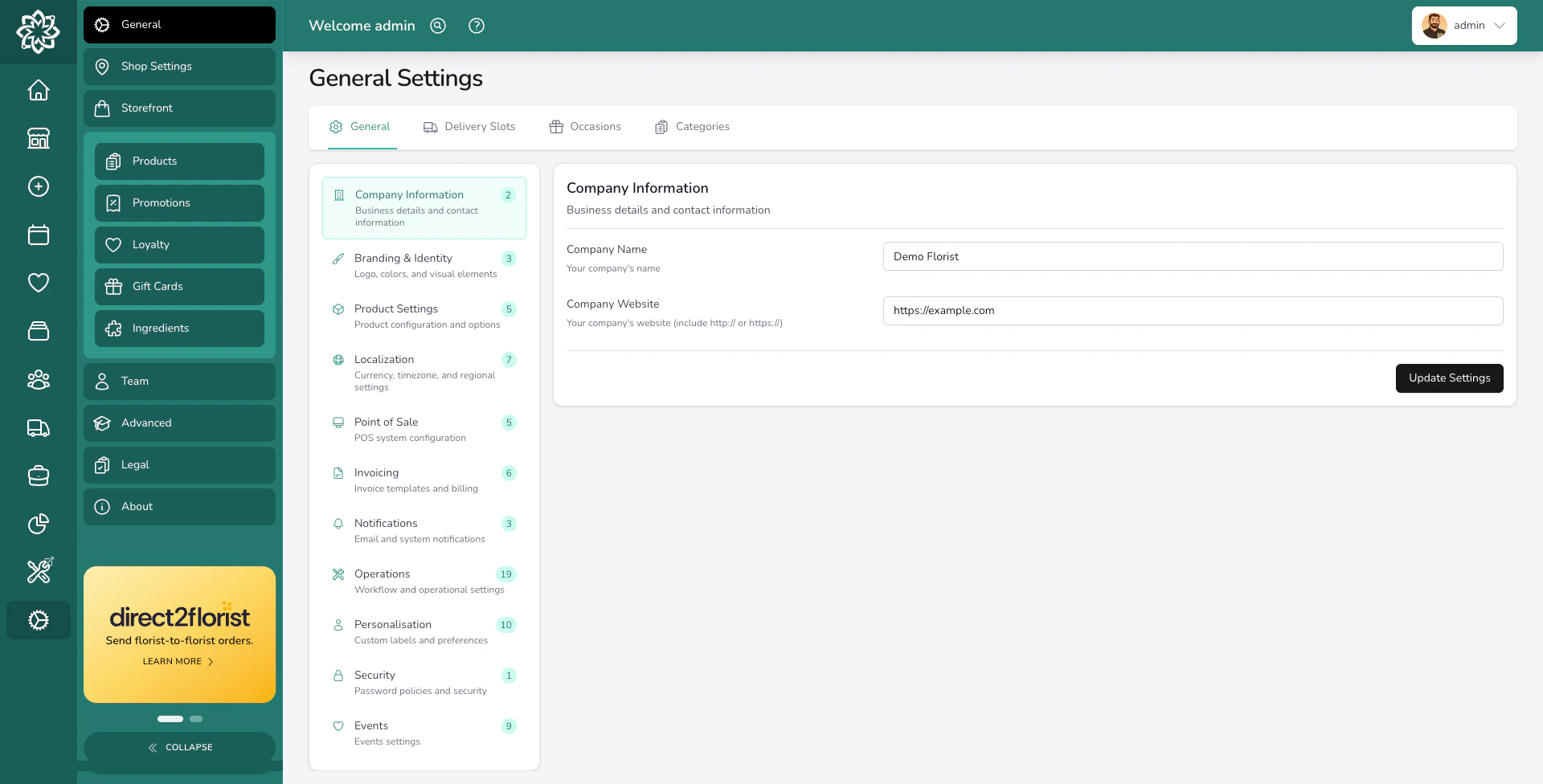 Settings overview showing main configuration sections