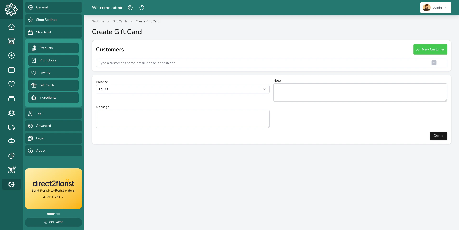 Gift card configuration showing denominations and design options
