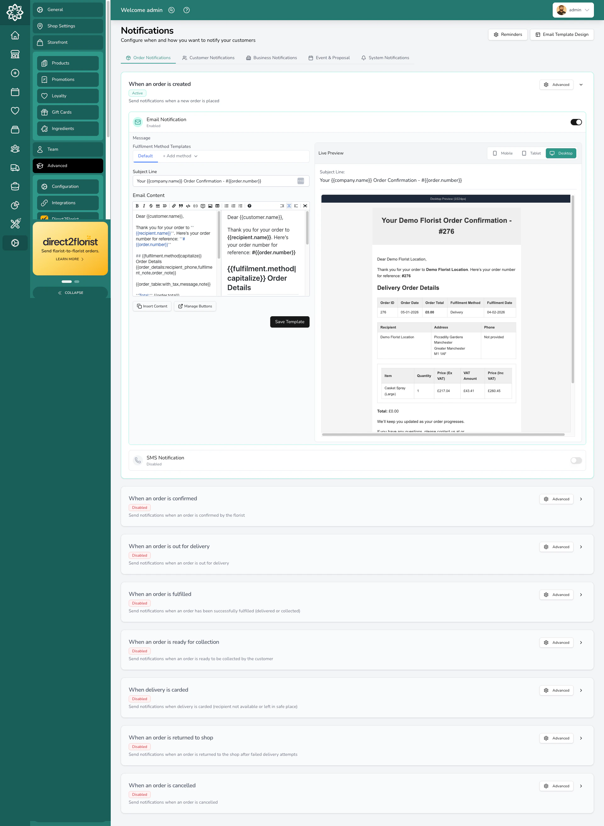 Email template editor with layout and content options