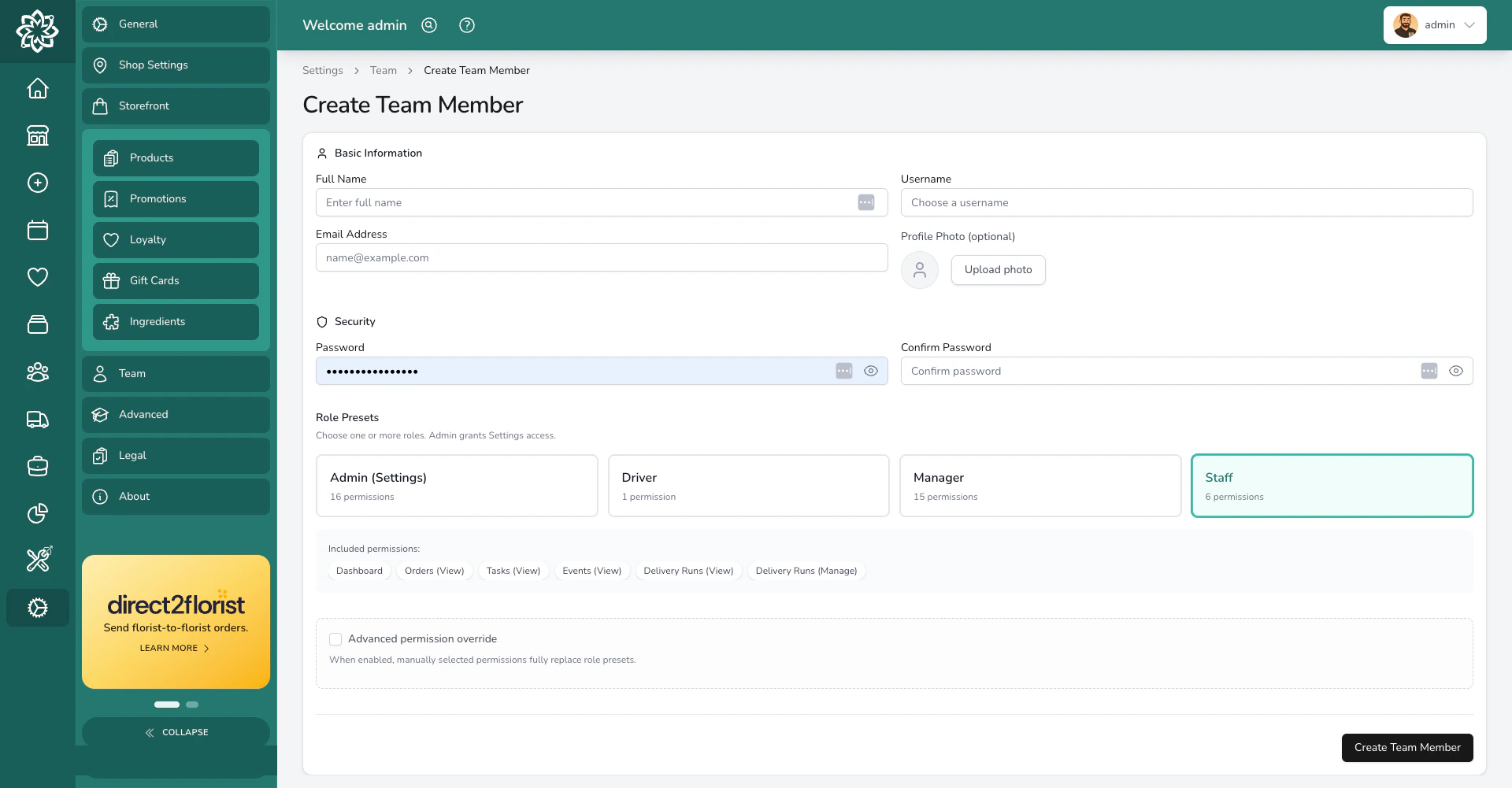 Form to add a new team member with name, email, and role fields