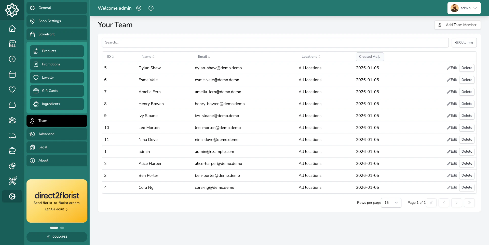 List of team members with names, roles, and status