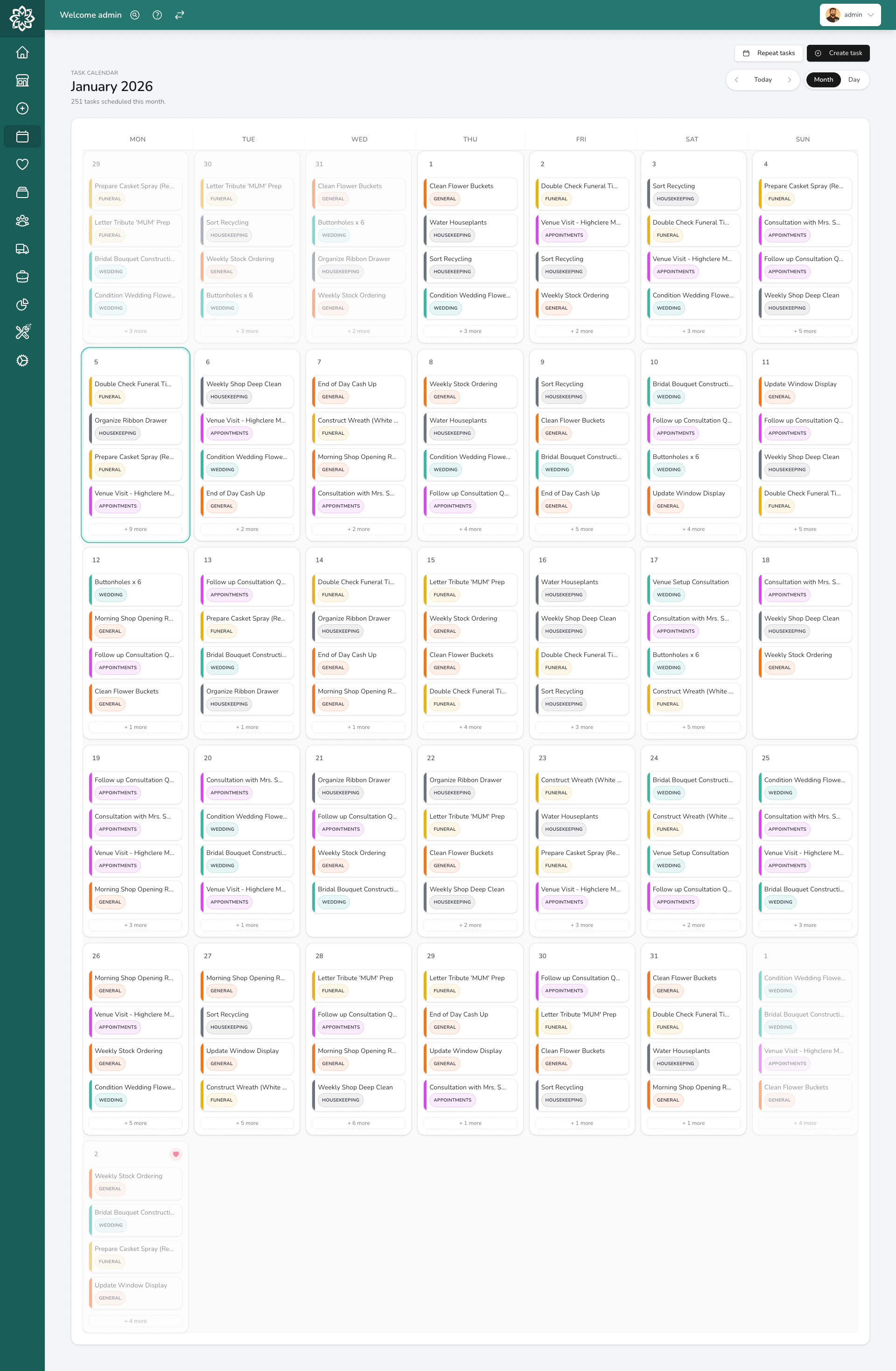 Monthly calendar view with tasks marked on each day