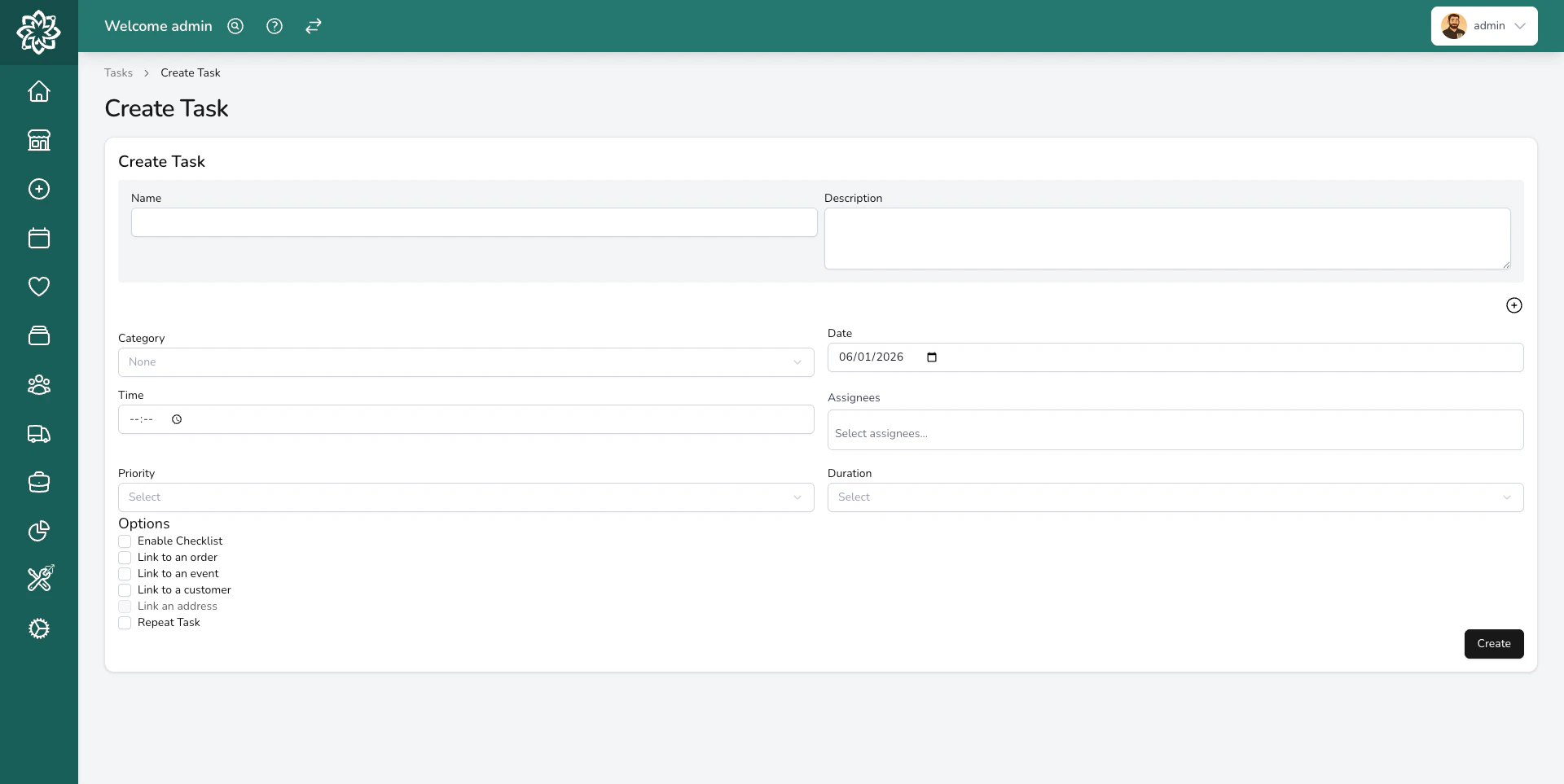 Create task form with subject, due date, priority, and assignee fields