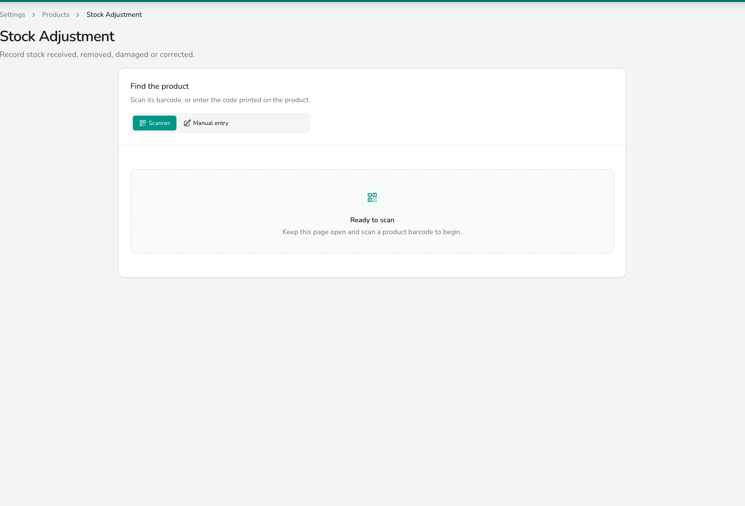Stock Adjustment page with Scanner mode selected and a Ready to scan panel asking for a product barcode.