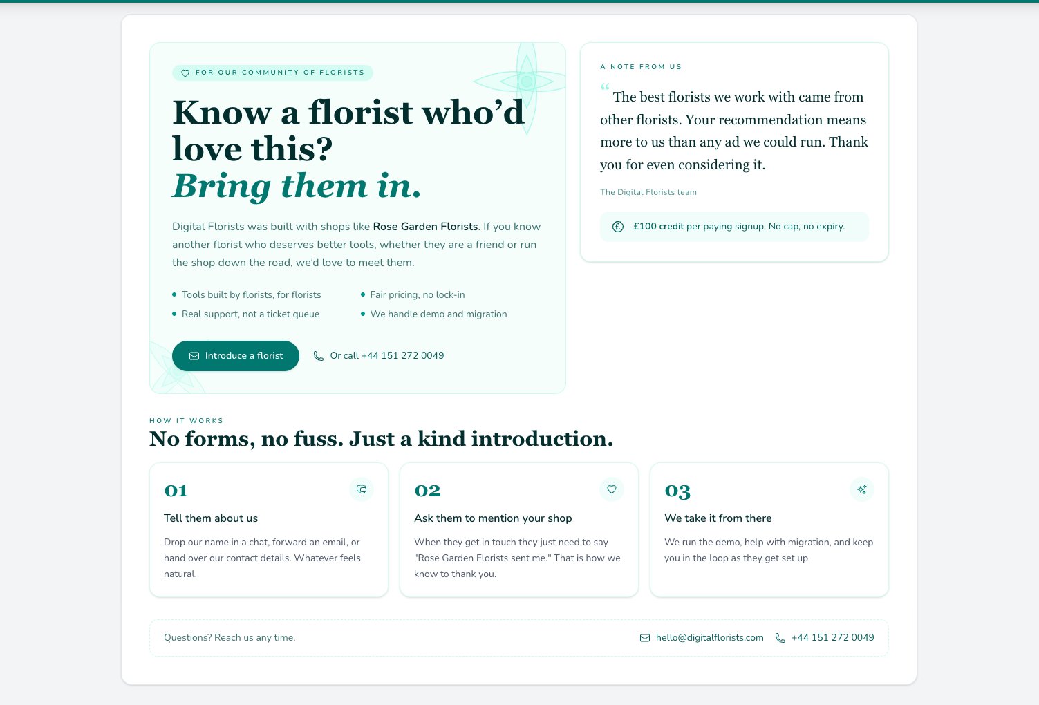 Refer a friend settings page with a hero inviting the shop to introduce another florist, a note promising £100 credit per paying signup, and three numbered steps: tell them about us, ask them to mention your shop, we take it from there