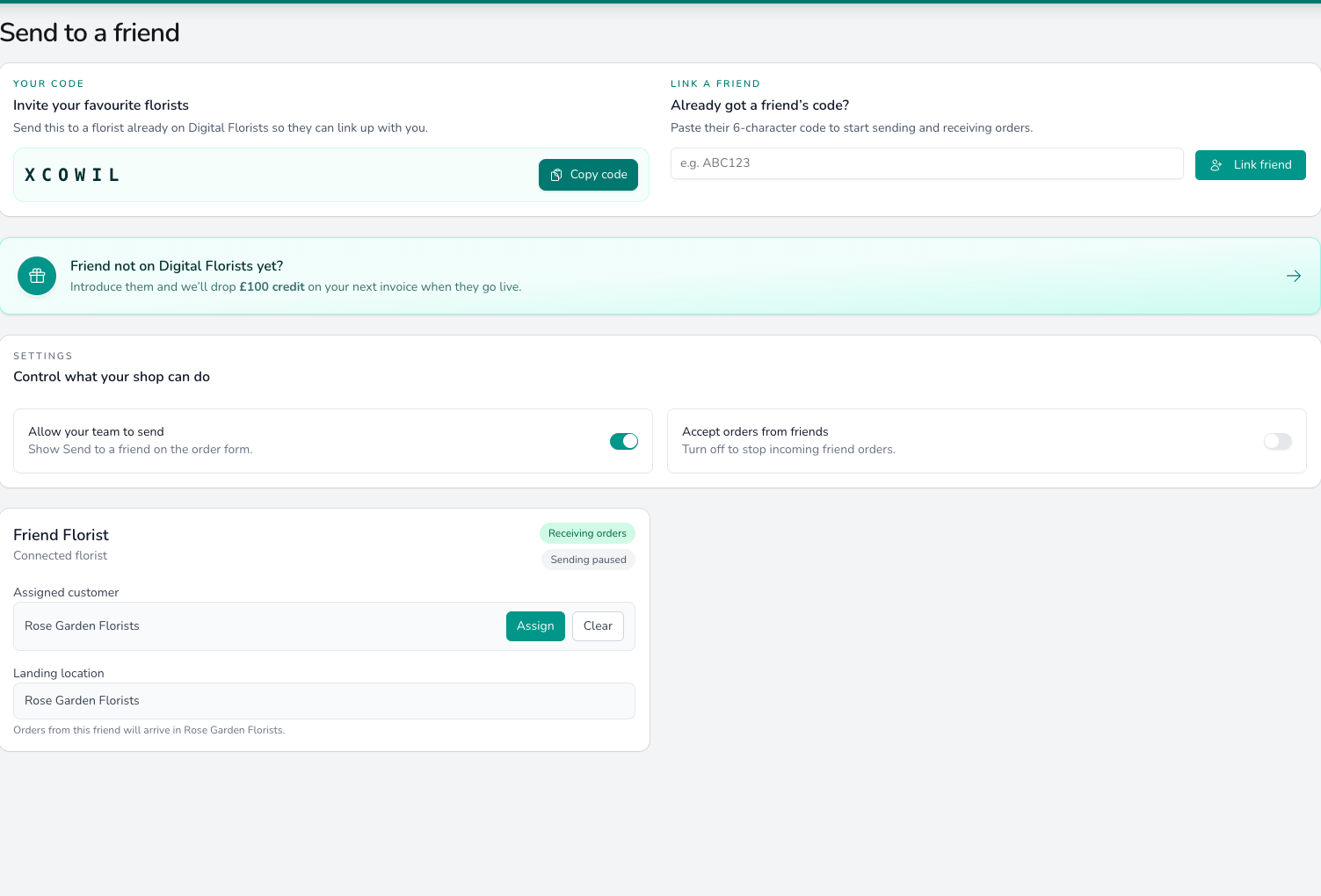 Send to a friend settings page showing the shop's six-character code with a Copy code button, a field to paste a friend's code, toggles for allowing the team to send and accepting orders from friends, and a connected florist card with an assigned customer and landing location.