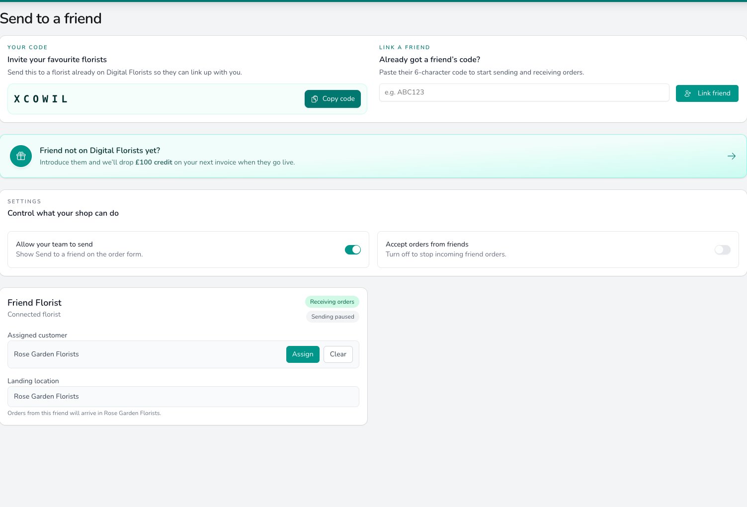 Send to a friend settings page showing the shop's six-character code with a Copy code button, a field to paste a friend's code, toggles for allowing the team to send and accepting orders from friends, and a connected florist card with an assigned customer and landing location.