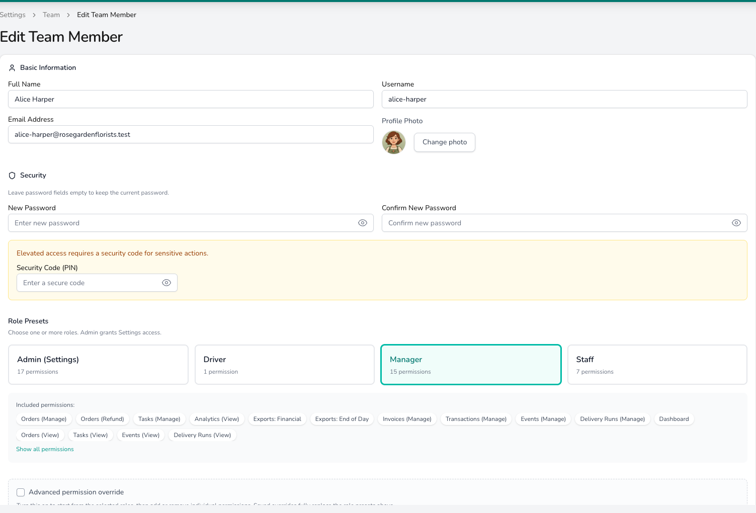 Edit Team Member page with Basic Information and Security fields, the Manager role selected under Role Presets with its included permissions listed, and an Advanced permission override tick box below