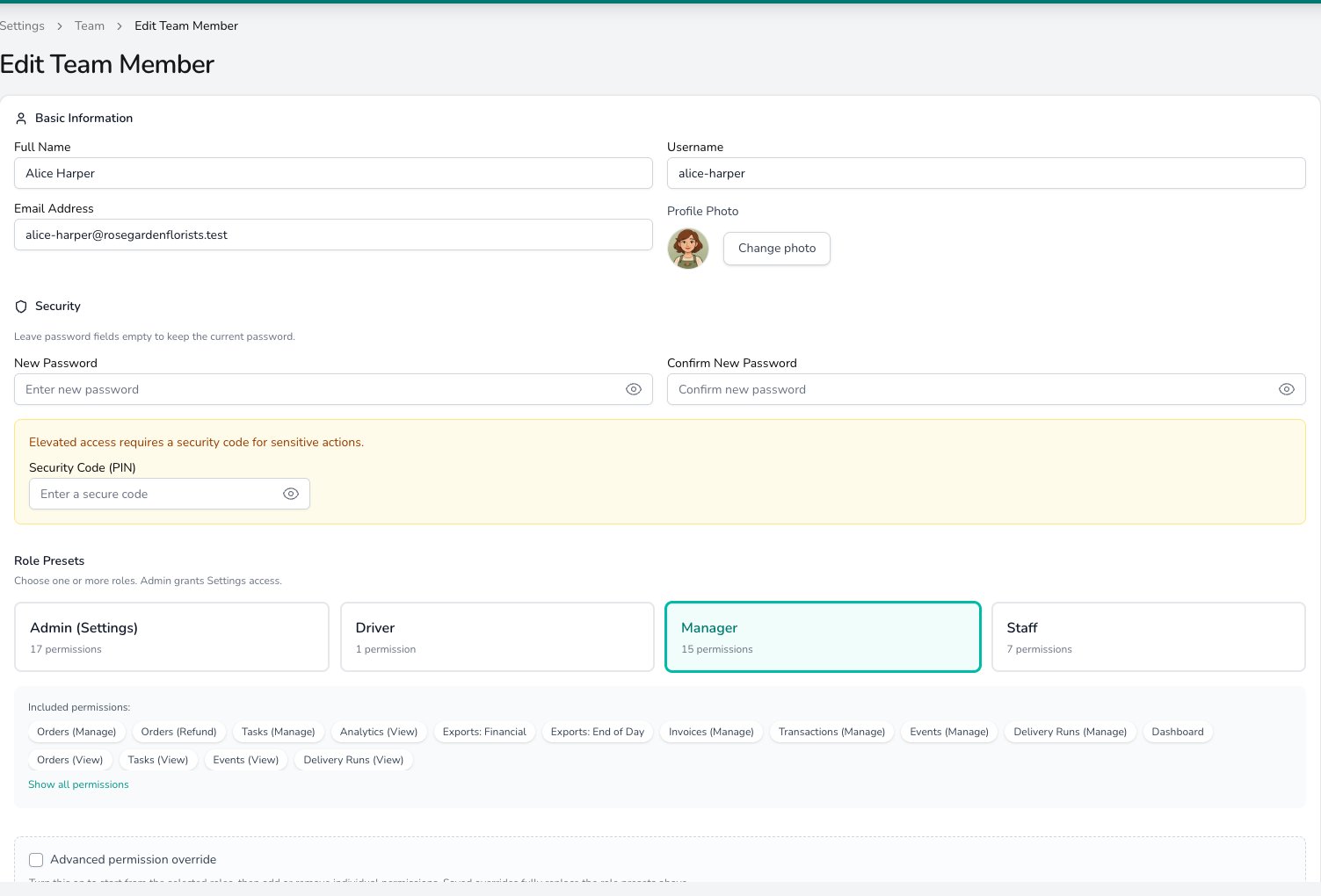 Edit Team Member page with Basic Information and Security fields, the Manager role selected under Role Presets with its included permissions listed, and an Advanced permission override tick box below