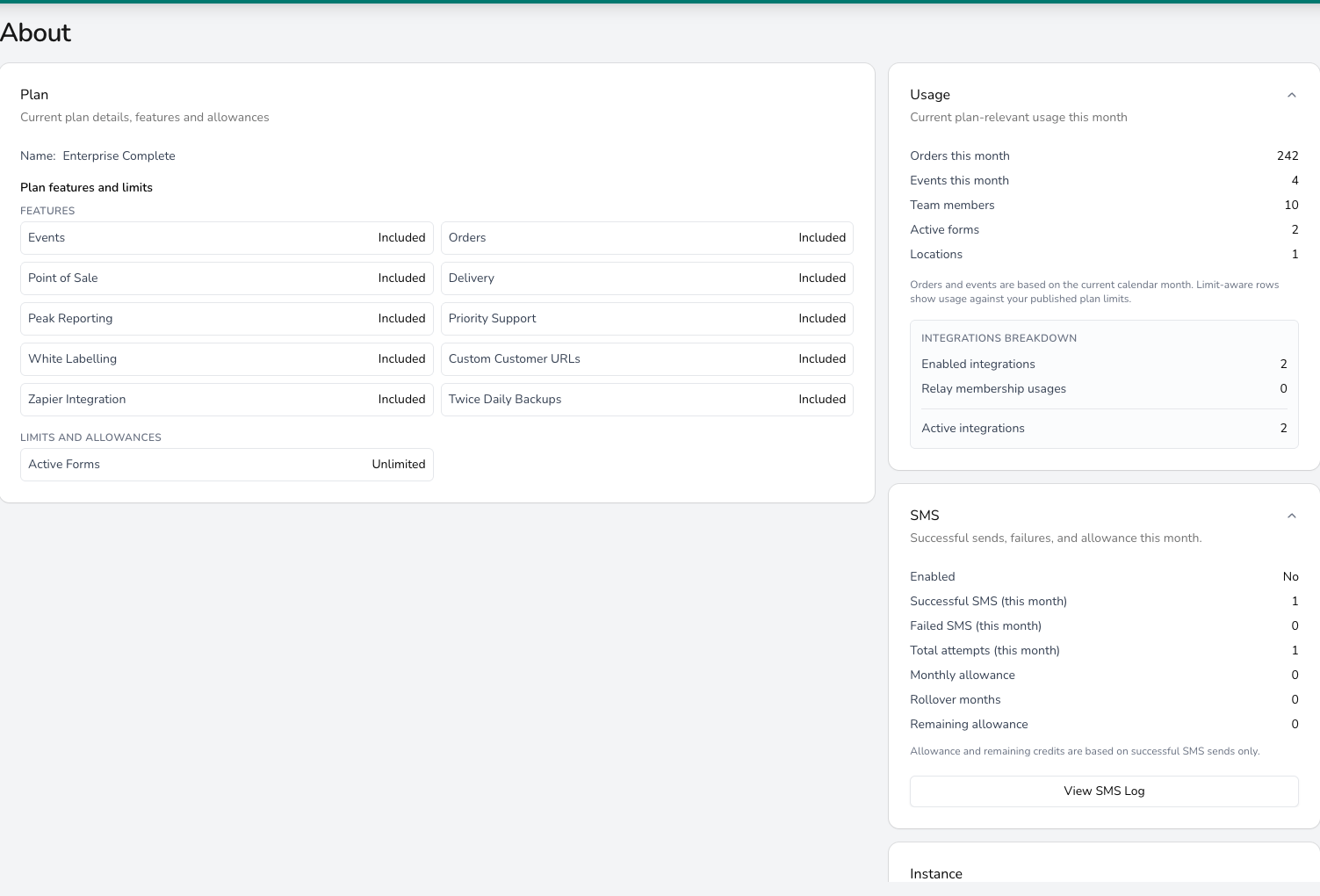 About settings page listing the Enterprise Complete plan with included features such as Events, Point of Sale and Delivery, a usage card showing orders and team members this month, and an SMS card with send counts and allowance