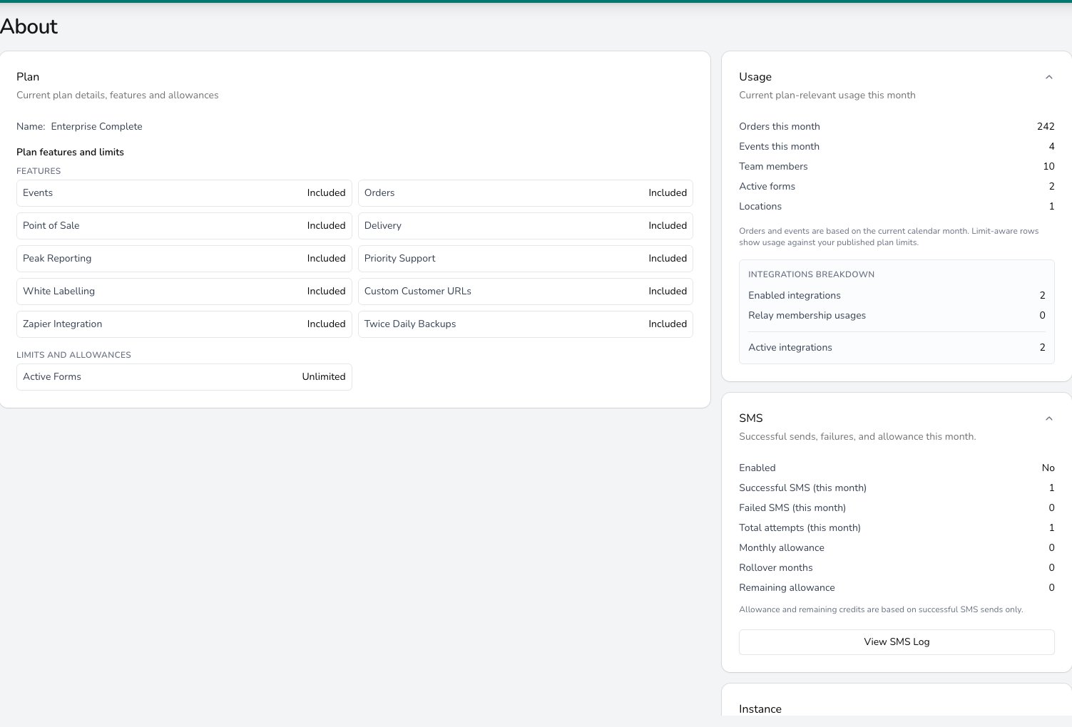 About settings page listing the Enterprise Complete plan with included features such as Events, Point of Sale and Delivery, a usage card showing orders and team members this month, and an SMS card with send counts and allowance