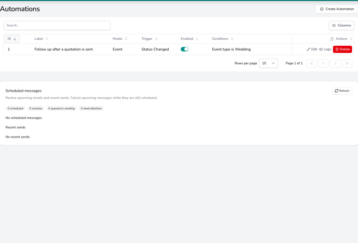 Automations settings page listing one automation, Follow up after a quotation is sent, applying to events with a Status Changed trigger, enabled, conditioned on Event type is Wedding, with Edit, Logs and Delete actions; a Scheduled messages panel below shows no upcoming or recent sends.
