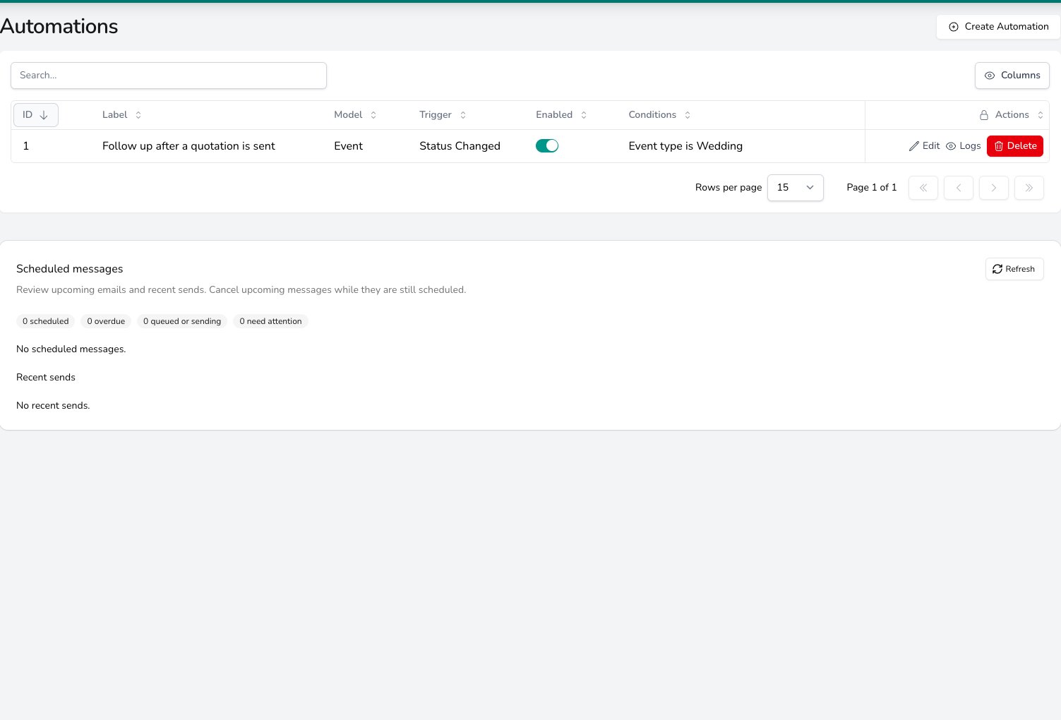 Automations settings page listing one automation, Follow up after a quotation is sent, applying to events with a Status Changed trigger, enabled, conditioned on Event type is Wedding, with Edit, Logs and Delete actions; a Scheduled messages panel below shows no upcoming or recent sends.