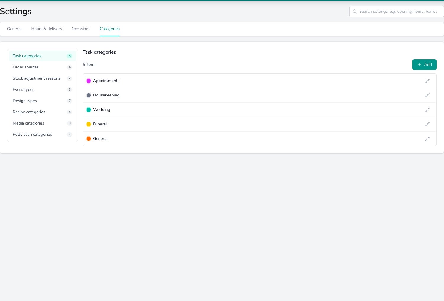 Settings Categories tab listing eight lists with counts, with Task categories selected and showing five colour-coded entries: Appointments, Housekeeping, Wedding, Funeral and General