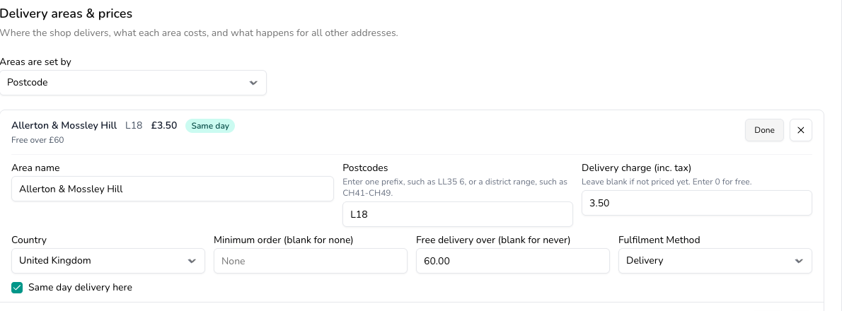 Delivery areas settings with the Allerton & Mossley Hill area open for editing, showing postcode L18, a 3.50 delivery charge, free delivery over 60.00, fulfilment method Delivery and same day delivery ticked, above the other Liverpool areas.