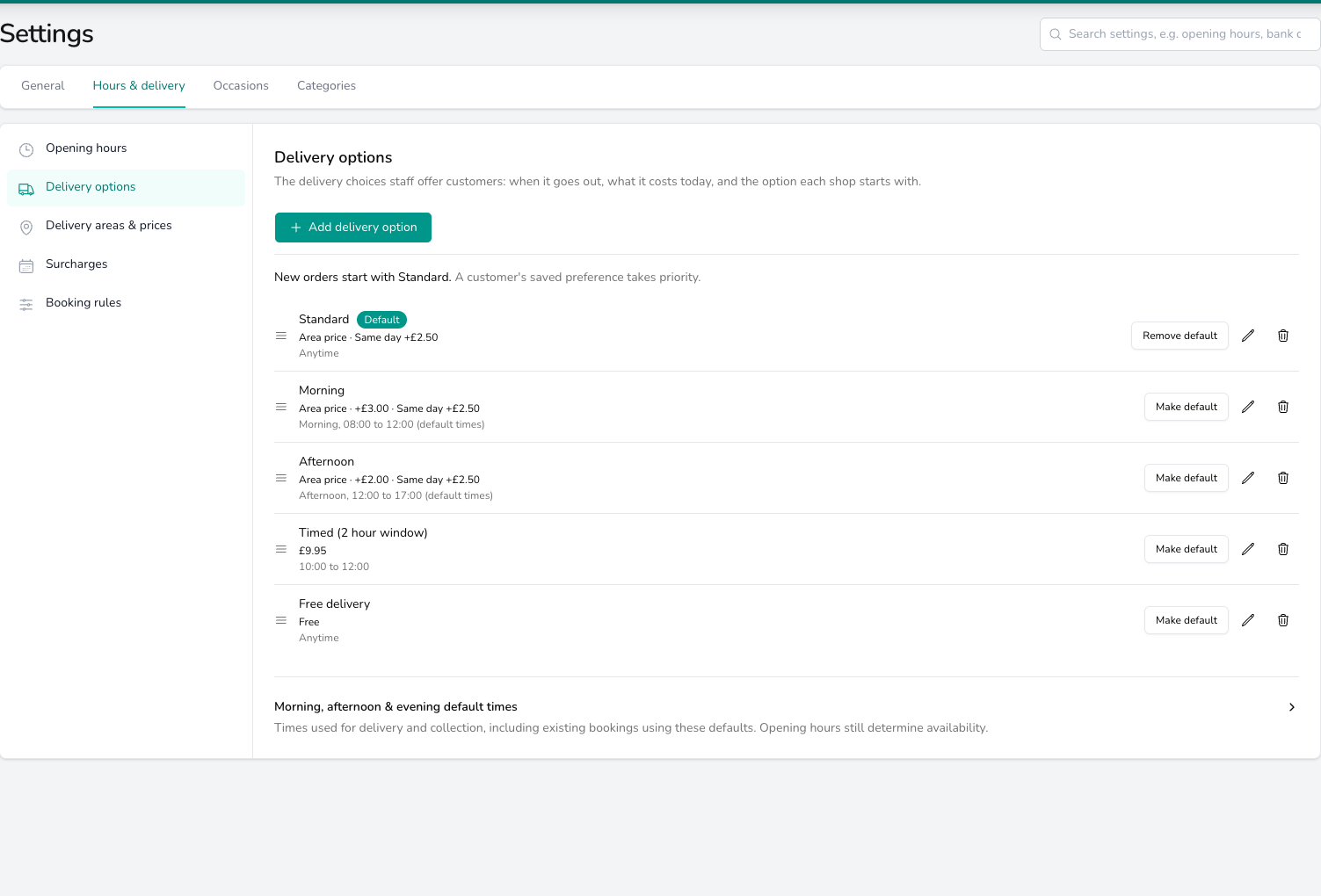 Delivery options settings listing Standard (Default, area price plus same day £2.50, anytime), Morning (+£3.00, 08:00 to 12:00), Afternoon (+£2.00, 12:00 to 17:00), Timed 2 hour window (£9.95, 10:00 to 12:00) and Free delivery, with Make default, edit and delete actions and an Add delivery option button.