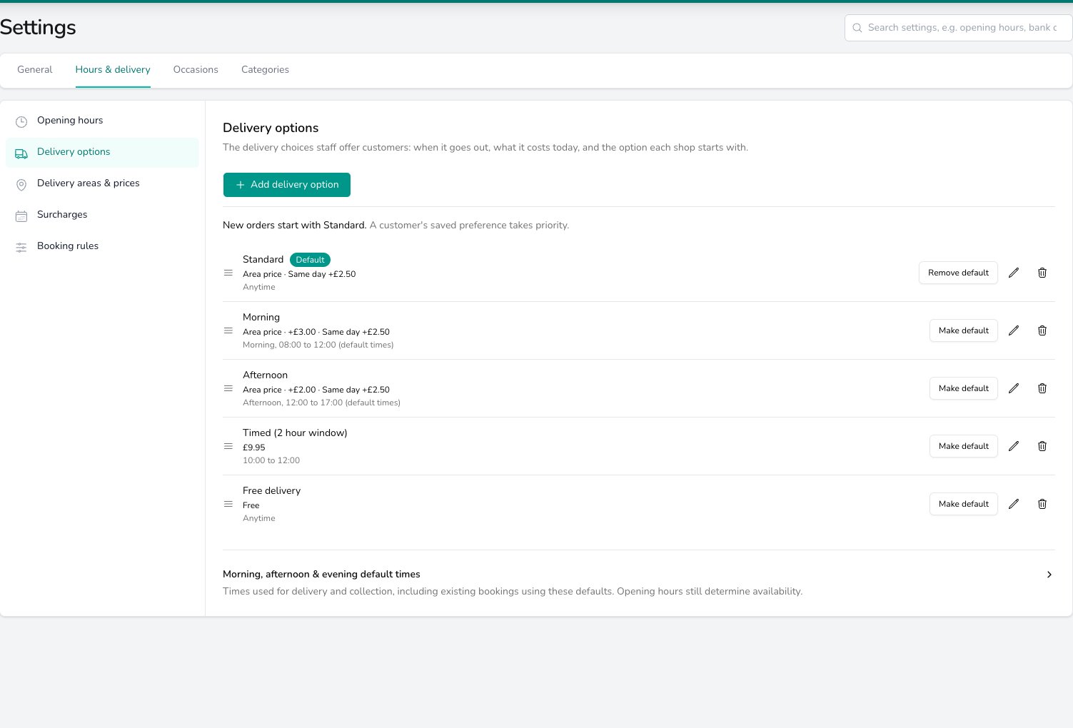 Delivery options settings listing Standard (Default, area price plus same day £2.50, anytime), Morning (+£3.00, 08:00 to 12:00), Afternoon (+£2.00, 12:00 to 17:00), Timed 2 hour window (£9.95, 10:00 to 12:00) and Free delivery, with Make default, edit and delete actions and an Add delivery option button.