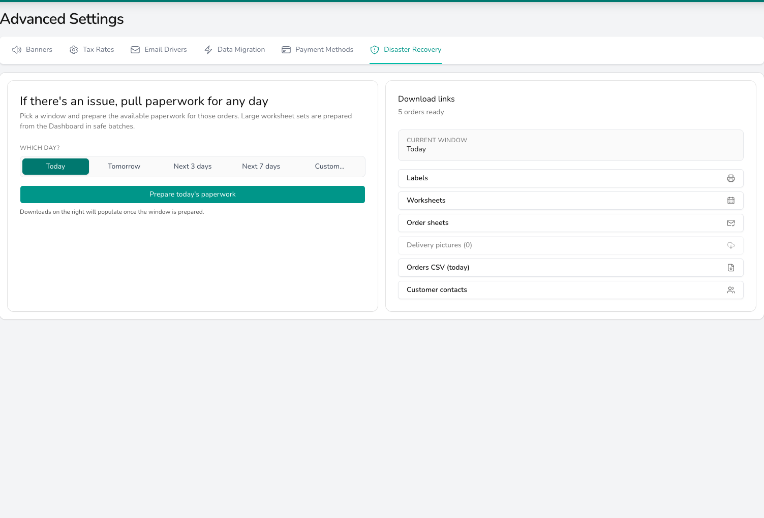Disaster Recovery settings with a day picker set to Today, a Prepare today's paperwork button, and a Download links panel reporting 5 orders ready with links for labels, worksheets, order sheets, delivery pictures, orders CSV and customer contacts