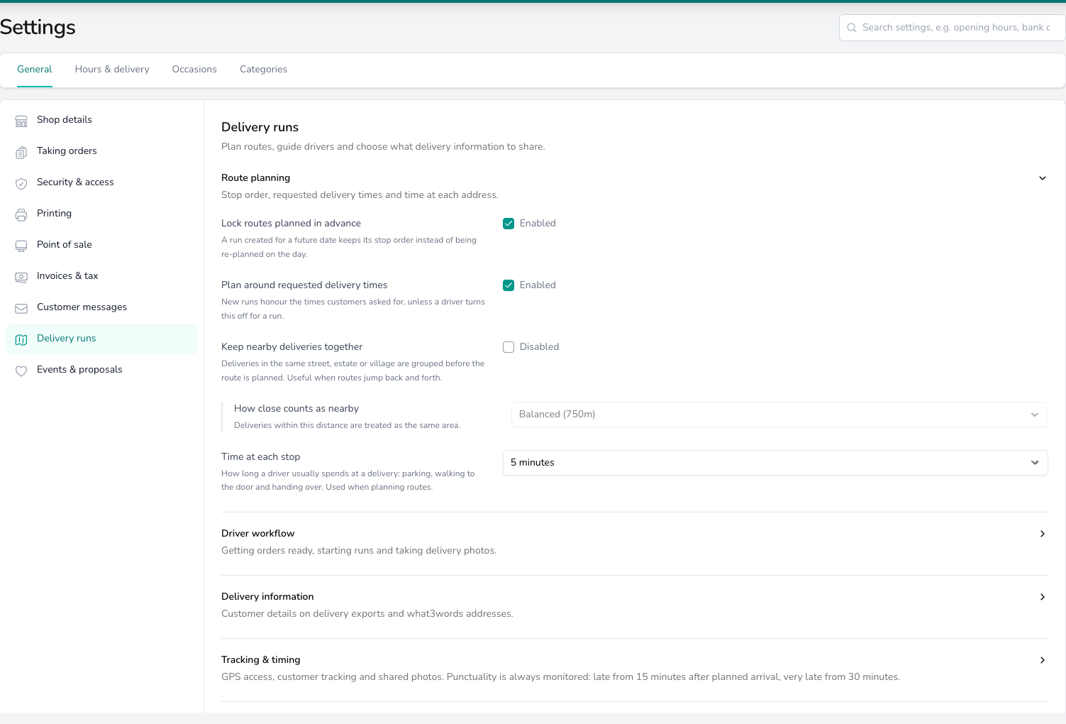 Delivery runs settings with the Route planning card open and the Driver workflow, Delivery information and Tracking & timing cards collapsed beneath it