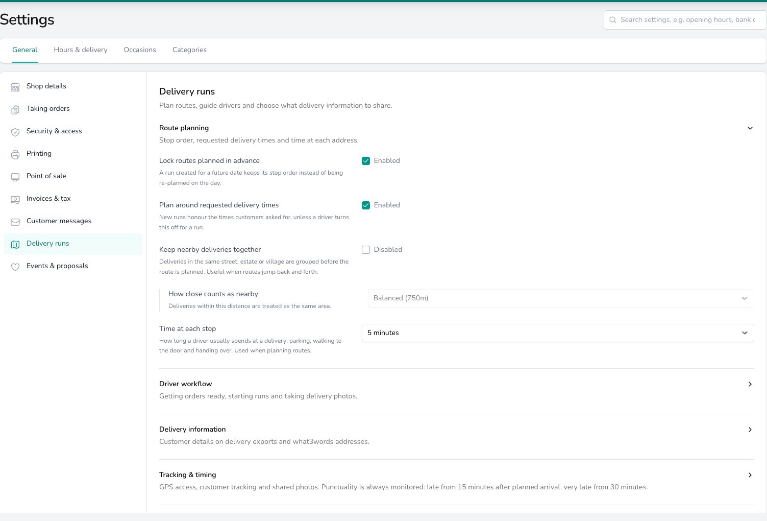 Delivery runs settings with the Route planning card open and the Driver workflow, Delivery information and Tracking & timing cards collapsed beneath it