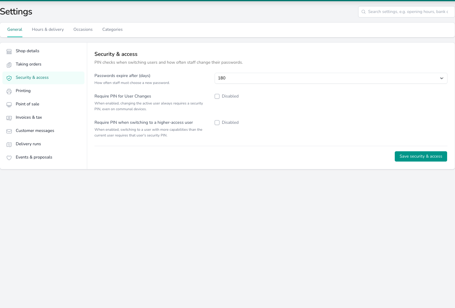 Security & access settings with Passwords expire after set to 180 days, Require PIN for User Changes and Require PIN when switching to a higher-access user both unticked, and a Save security & access button