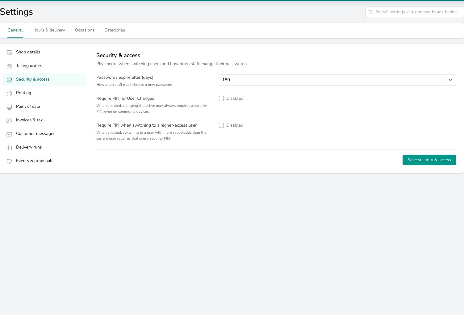Security & access settings with Passwords expire after set to 180 days, Require PIN for User Changes and Require PIN when switching to a higher-access user both unticked, and a Save security & access button