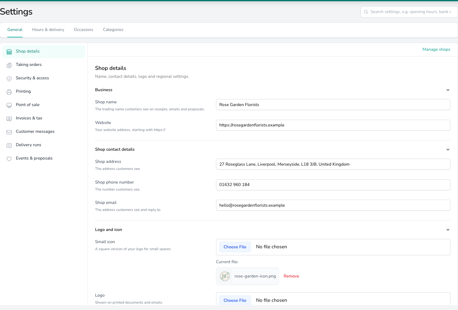 Shop details settings with the shop name, address, phone and email cards on the General tab