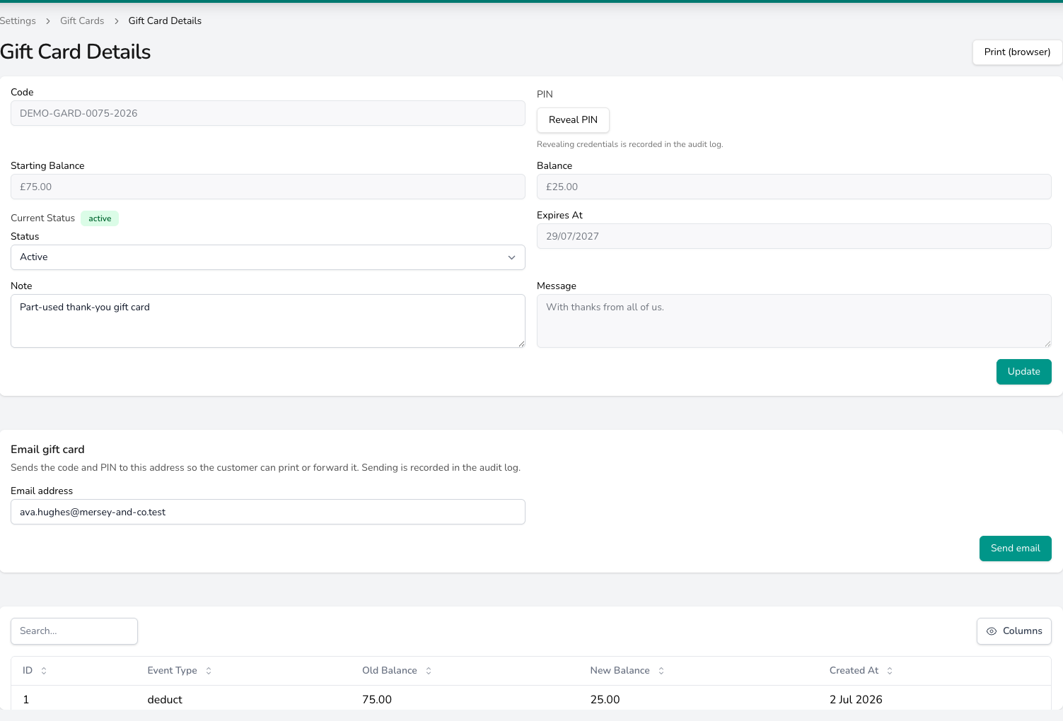 Gift Card Details page with the code, a Reveal PIN button, starting balance and balance, a Status dropdown set to Active, expiry date, note and message fields, an Email gift card section and an activity table listing a deduct event with old and new balances.