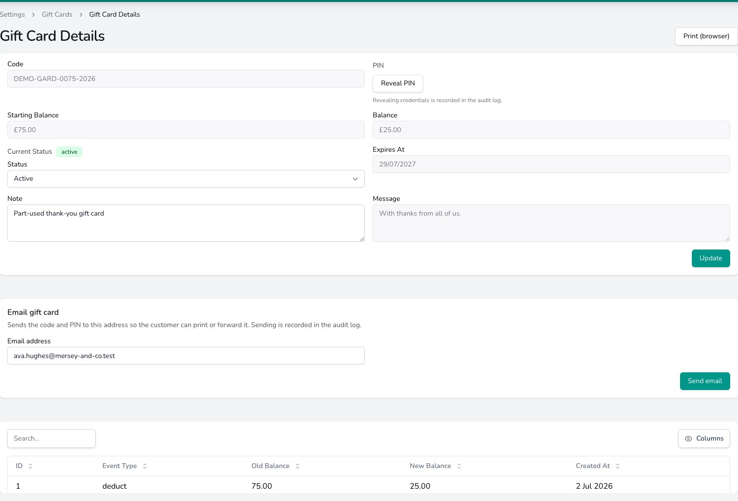 Gift Card Details page with the code, a Reveal PIN button, starting balance and balance, a Status dropdown set to Active, expiry date, note and message fields, an Email gift card section and an activity table listing a deduct event with old and new balances.