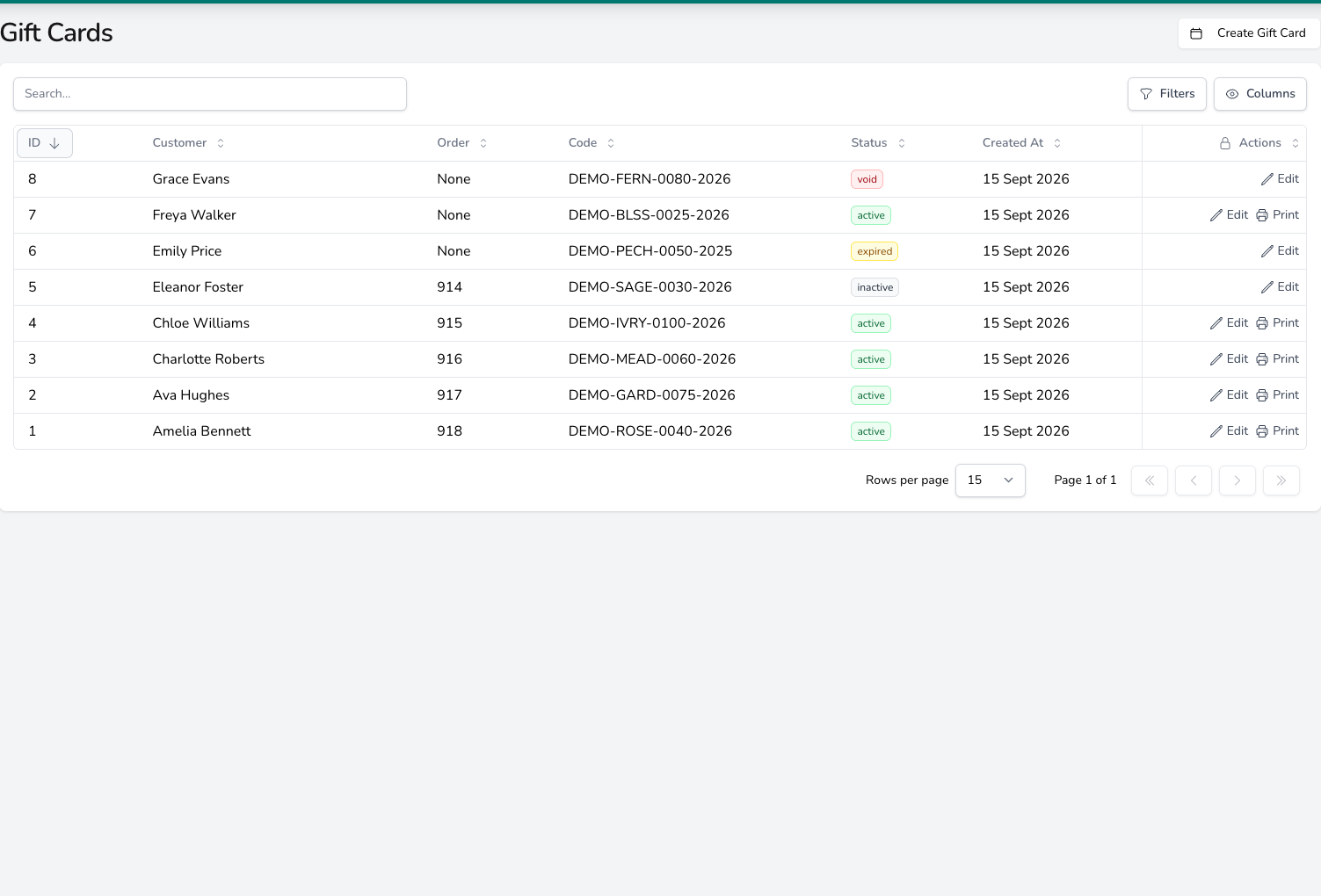 Gift Cards list with columns for ID, Customer, Order, Code, Status, Created At and Actions, status badges reading active, inactive, expired and void, Edit and Print links on each row and a Create Gift Card button top right.