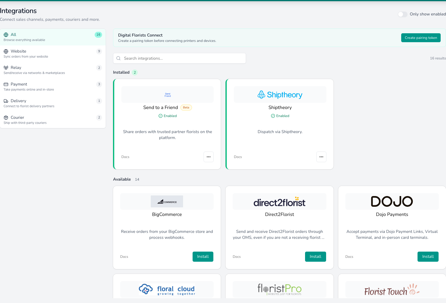 Integrations settings page with category filters on the left, a Digital Florists Connect pairing token panel, installed cards for Send to a Friend and Shiptheory marked Enabled, and available cards for BigCommerce, Direct2Florist and Dojo Payments with Install buttons.