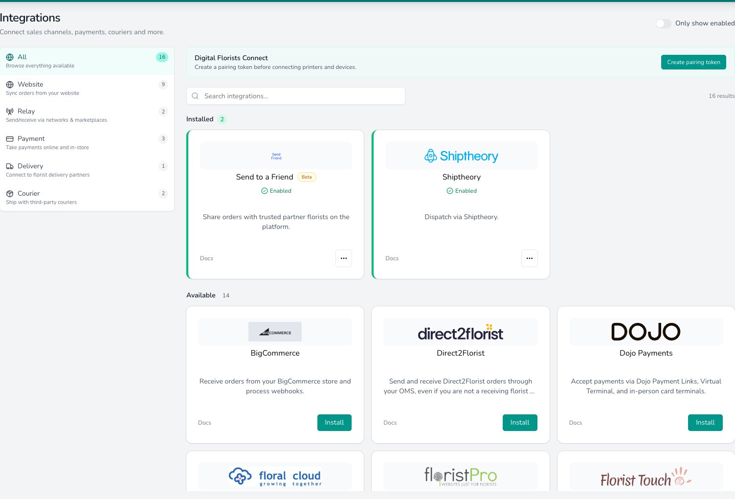 Integrations settings page with category filters on the left, a Digital Florists Connect pairing token panel, installed cards for Send to a Friend and Shiptheory marked Enabled, and available cards for BigCommerce, Direct2Florist and Dojo Payments with Install buttons.