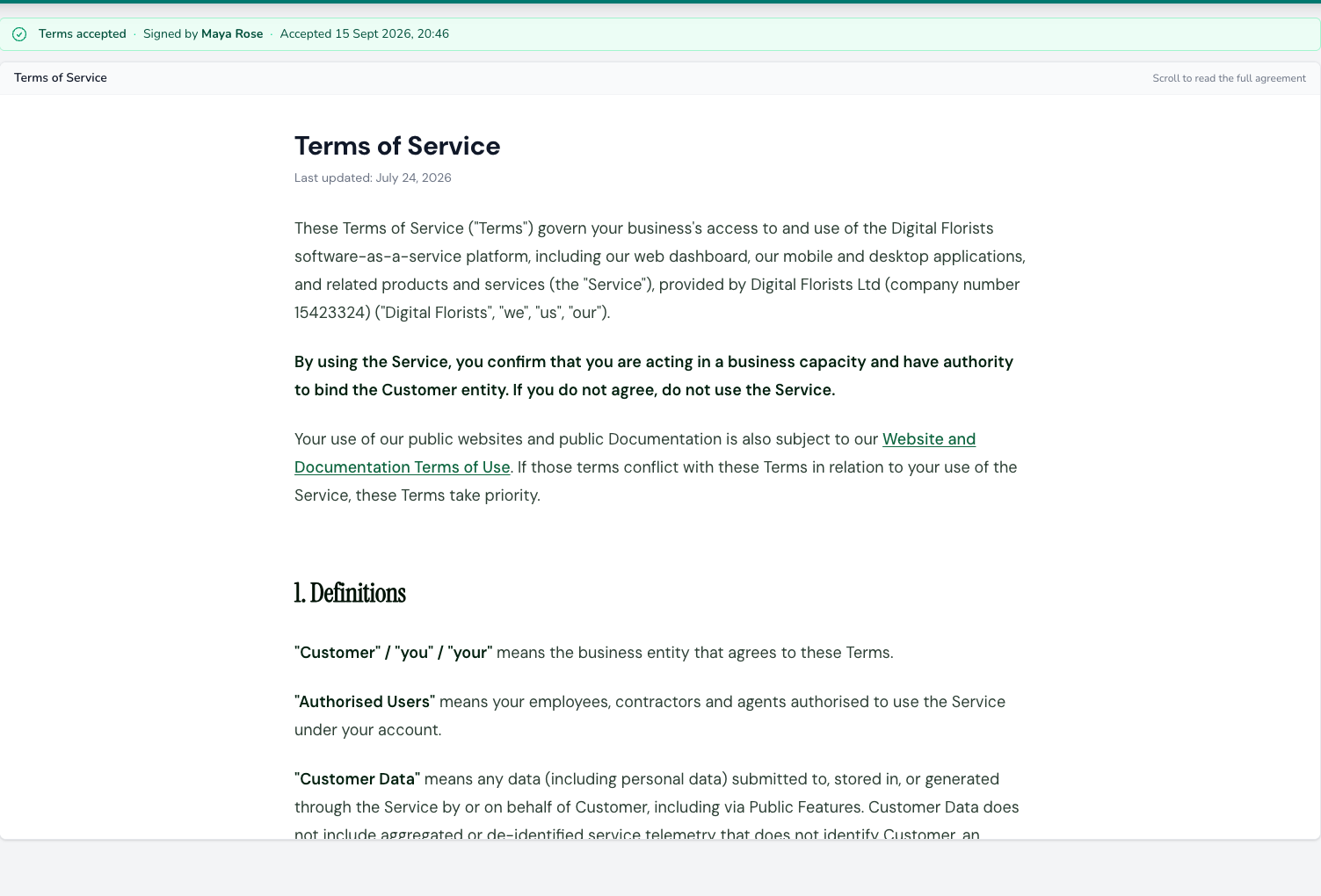 Legal settings page showing a Terms accepted banner with the signer's name and the acceptance date, above the Terms of Service document beginning with its introduction and definitions